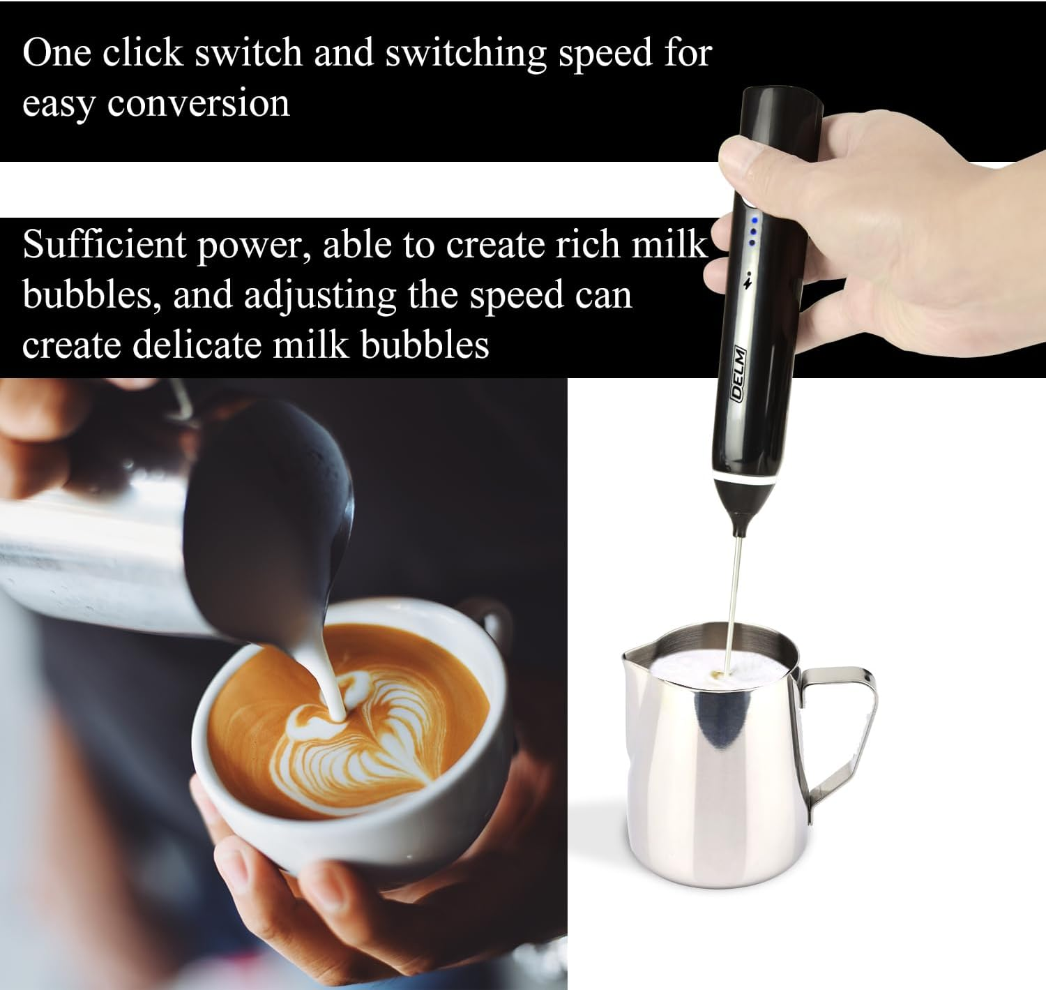 DELM Rechargeable Milk Frother Handheld Foam Maker with Stainless Whisk for Cappuccino, Latte, Bulletproof Coffee, Keto Diet, Protein Powder, Matcha image number 2
