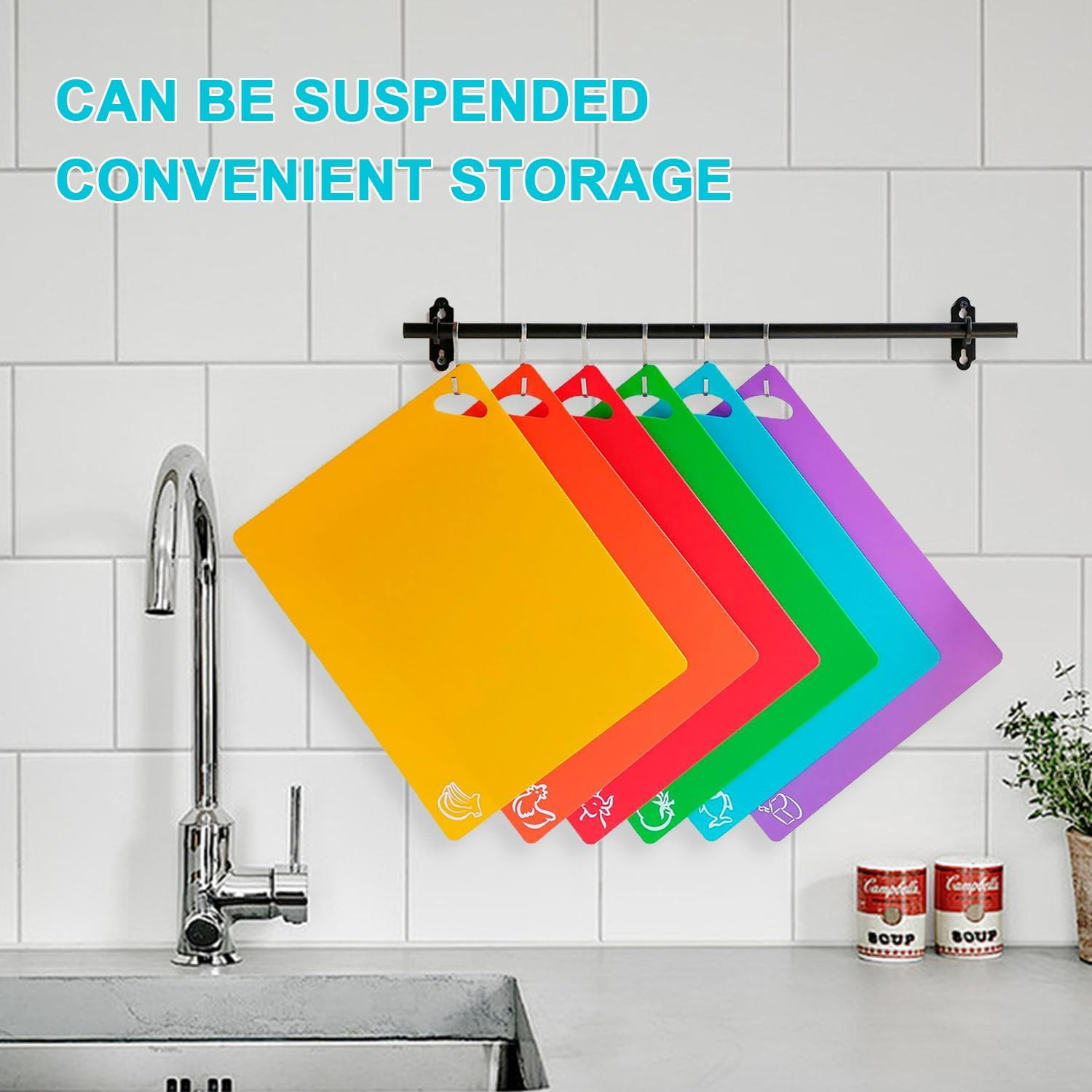 6Pc Cutting Board Set with Food Icons, Large 38X30Cm Plastic Easy-Grip Handles Chopping Mats, Color-Coded for Meat/Fish/Vegetables, Dishwasher Safe image number 4