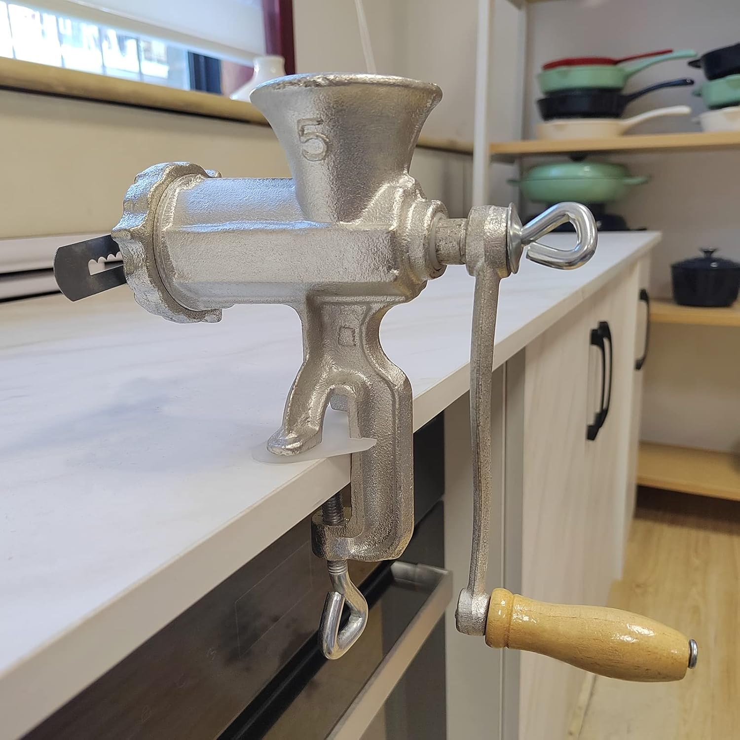 HAWOK Cast Iron Meat Grinder with Tabletop Clamp and Hardened Steel Cutter Sliver 5#