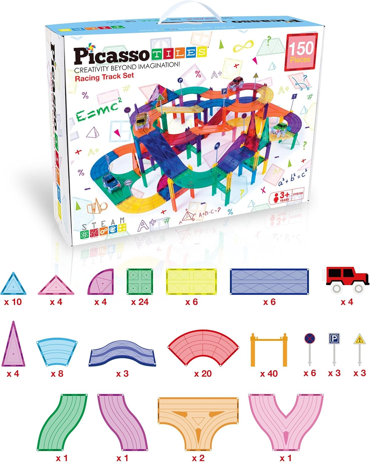 Picassotiles 150 Piece Race Car Track Building Block Educational Toy Set Magnet Tile Magnetic Blocks Playset 4 Cars Early STEM Learning Construction Kit Hand-Eye Fine Motor Skill Brain Training PTR150 image number 2