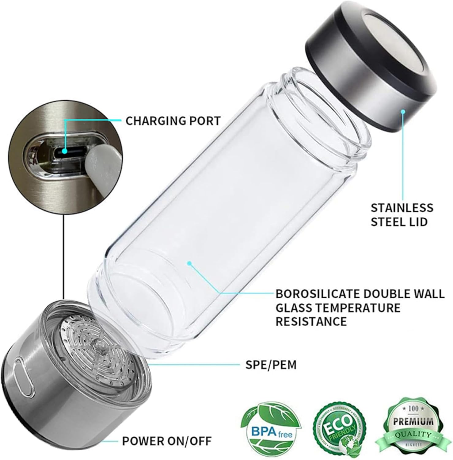 450Ml Hydrogen Water Bottle Rich Alkaline Ionizer Generator Cup USB Portable Mug (Black) image number 1