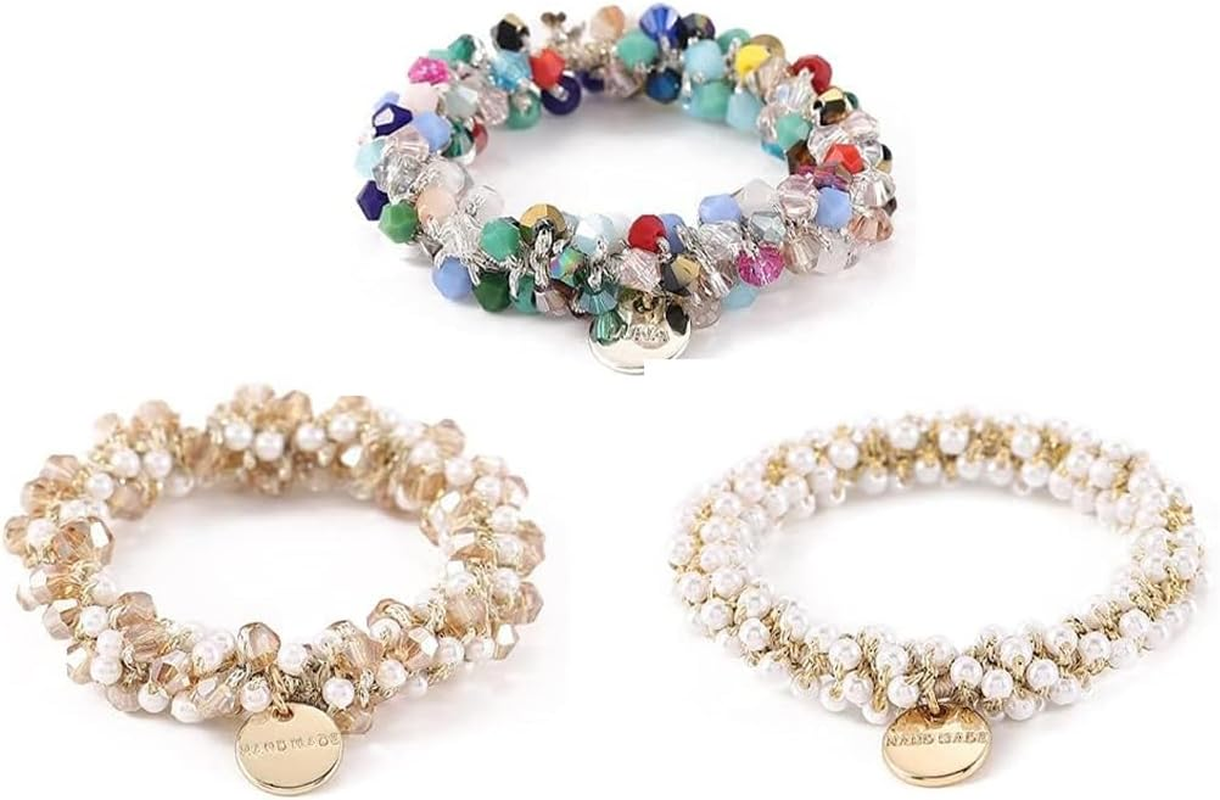 Pack of 3 Hair Bobbles with Beads, Elastic Ponytail Holder Headbands, Crystal Hair Bobbles, Women'S Scrunchies, Hair Accessories for Women, Girls, Ladies, Children image number 5