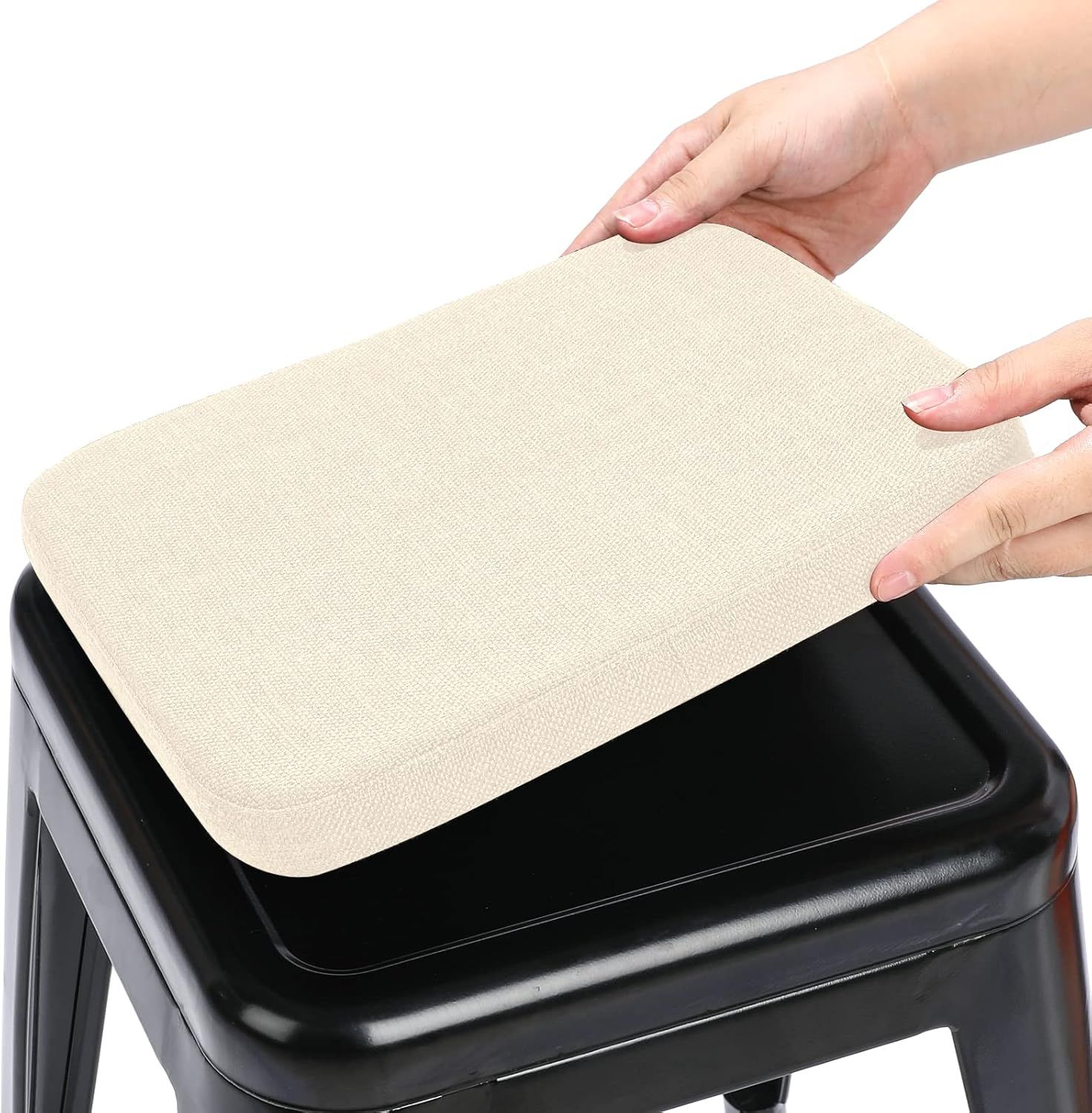 BUYUE Natural Linen Magnetic Bar Stool Cushions Set of 4, Enhanced Anti-Slip Breathable Small Chair Seat Pads for Caf&eacute; Bistro Stackable Metal Stools (Square, Black, 4 Counts)