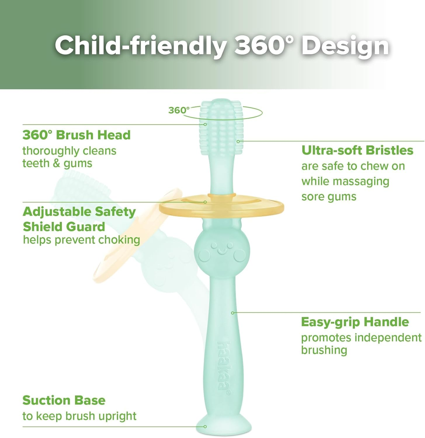 Haakaa 360&deg; Silicone Baby Toothbrush with Suction Base Infant to Toddler Toothbrush, Food Grade Silicone, 1Pc (Blue) image number 1