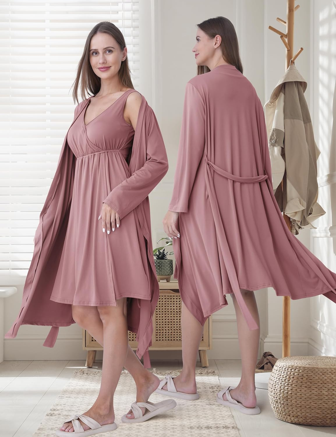 SUNNYBUY Maternity and Nursing Nightdress with Dressing Gown 2-Piece 3-In-1 Pregnancy Night Dress Set for Birth, Postpartum and Breastfeeding, Hospital Sleepwear image number 3