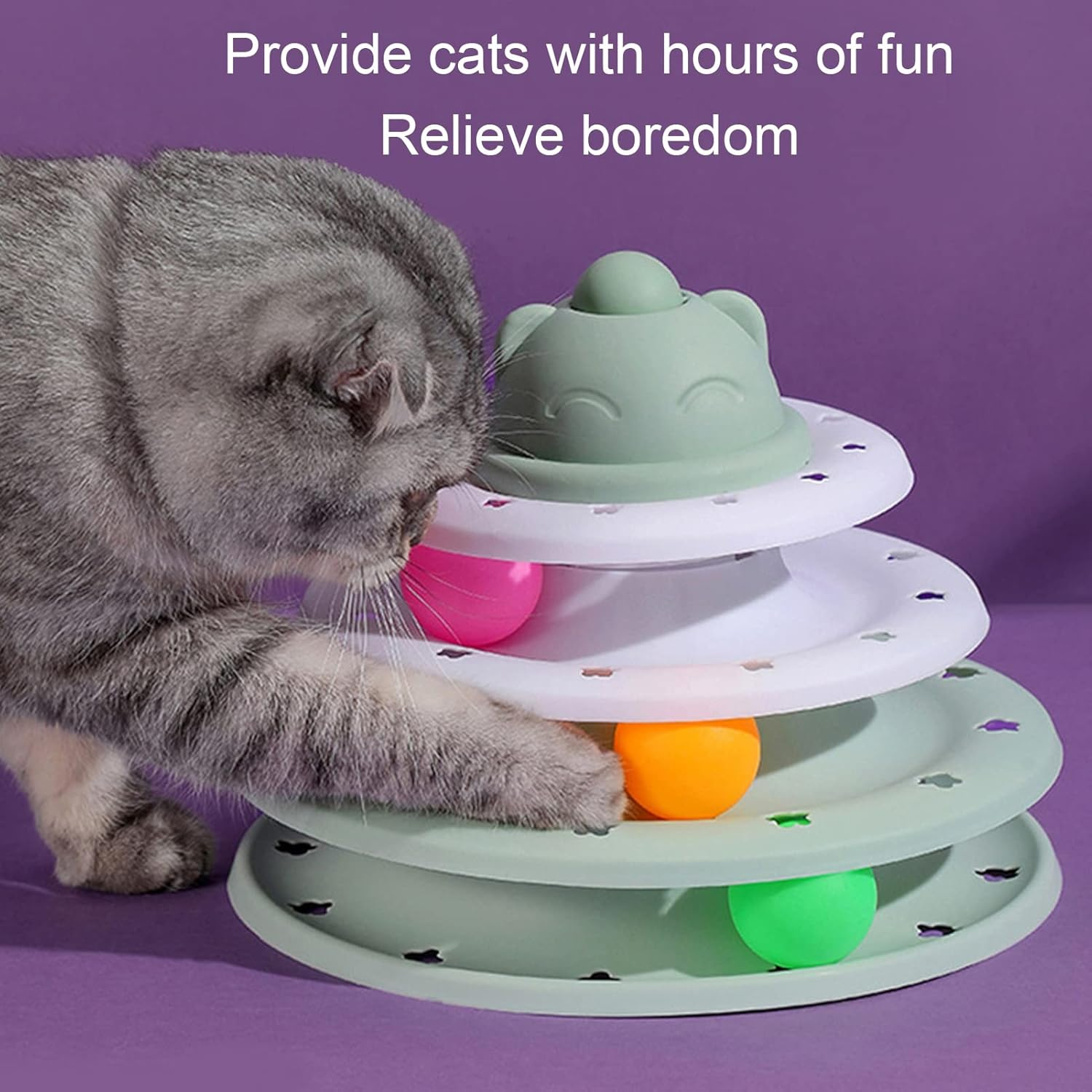 Cat Track Turntable Toy, Kitten Puzzle Tower Toy with 3 Balls, 3 Level Plastic Turntable Prevent Slip Interactive Rolling Ball Kitten Chase Track for Exercise and Stimulation