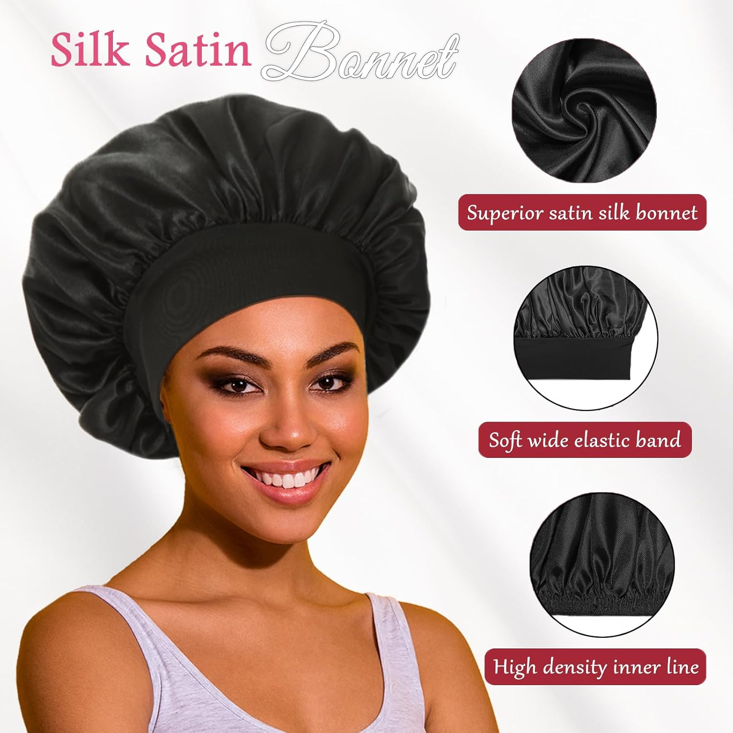 2Pcs Satin Bonnets for Women, Silk Hair Bonnet for Sleeping, Wide Soft Band Large Silky Sleep Cap for Curly Hair Braids image number 1