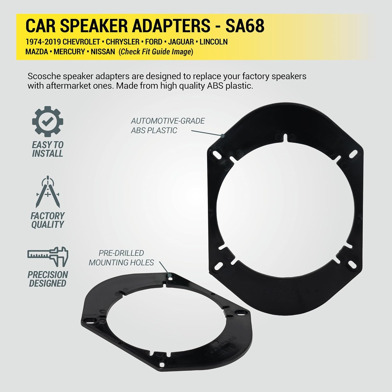 SCOSCHE SA68 6X8 to 5.25&rdquo; or 6.5&rdquo; Car Speaker Adapter Pair Compatible with 1994 and Newer &ndash; Ford Mustang or Ford F-Series