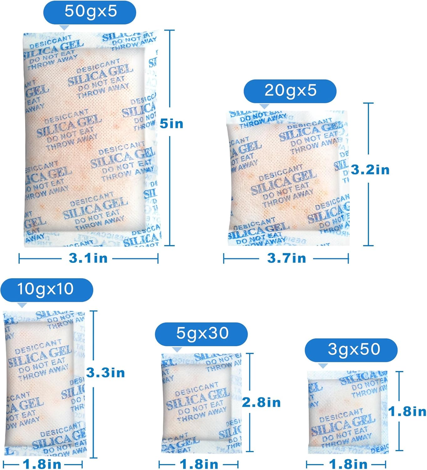 100Packs Mixed Indicating Silica Gel Packets, (3-50G) Rechargeable Desiccant Packets and Dehumidifier with Orange Color Indicating, Food Safe Silica Gel for Moisture Abosrber image number 1
