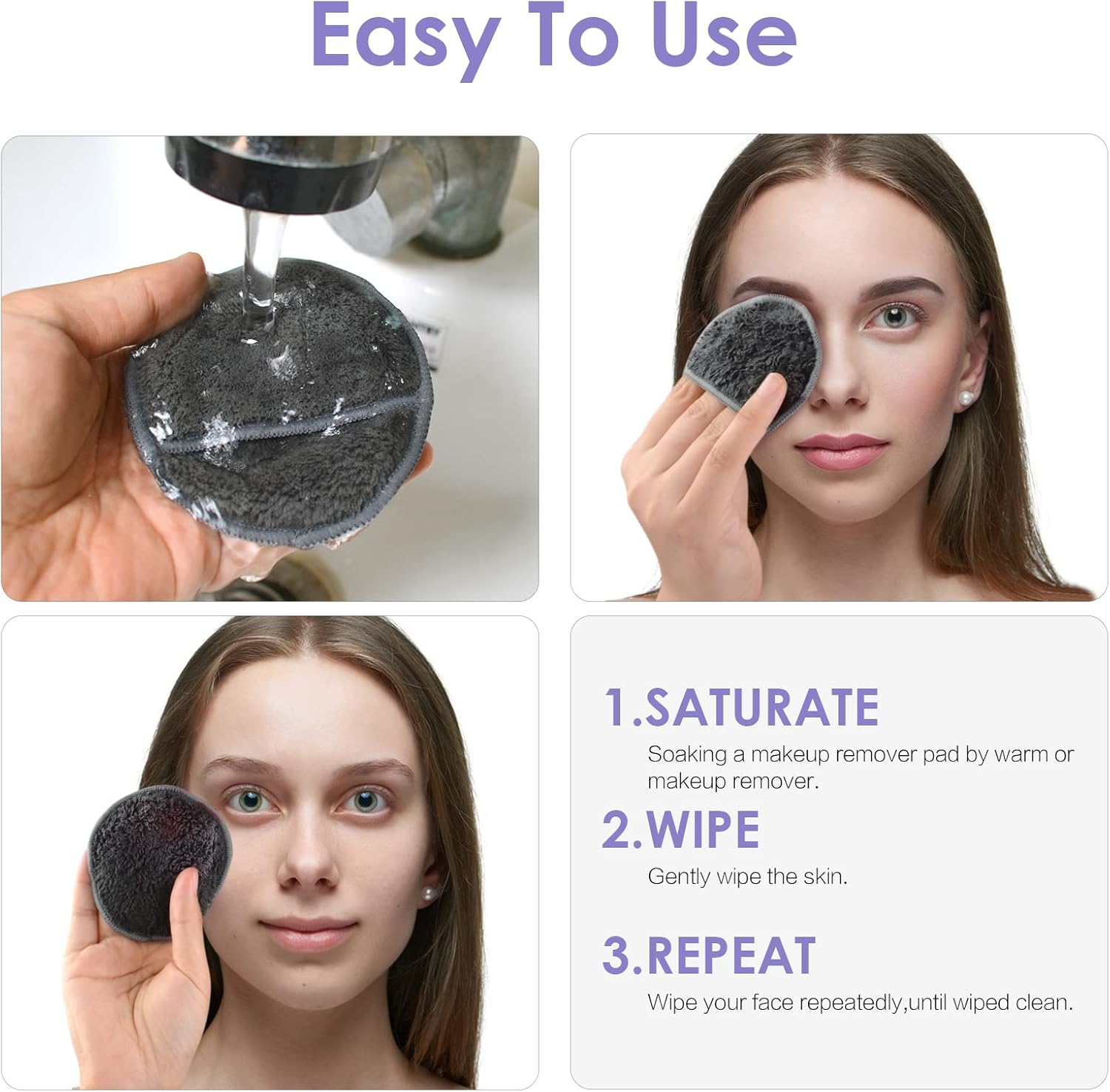 Sunland 16 Pack Reusable Makeup Remover Pads Microfiber Facial Cleansing Pads Washable Face Wipe Rounds with Laundry Bag Grey image number 4