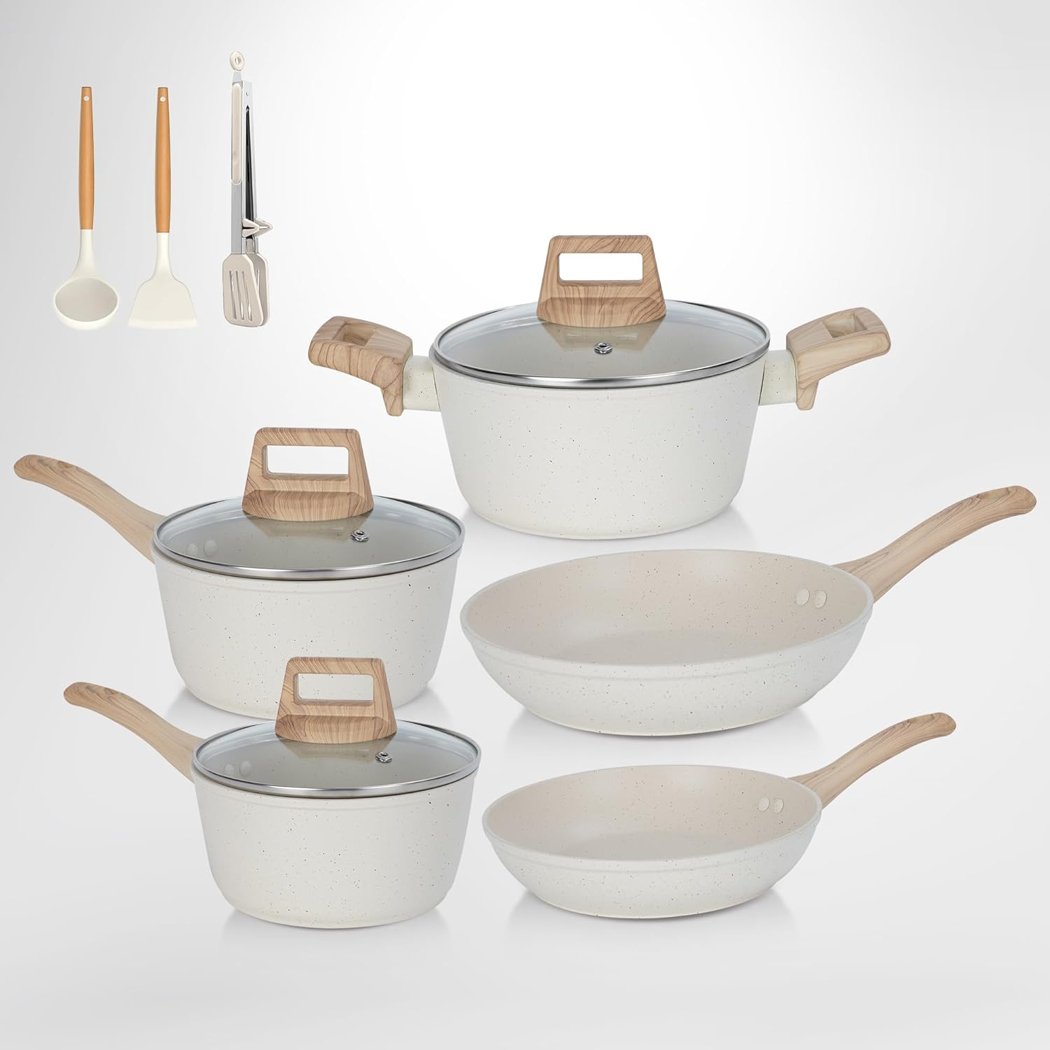 SHEUMNT 11Pcs Pots and Pans Set, Nonstick Cookware Sets, White Granite Induction Cookware Non Stick Cooking Set W/Frying Pans & Saucepans image number 4