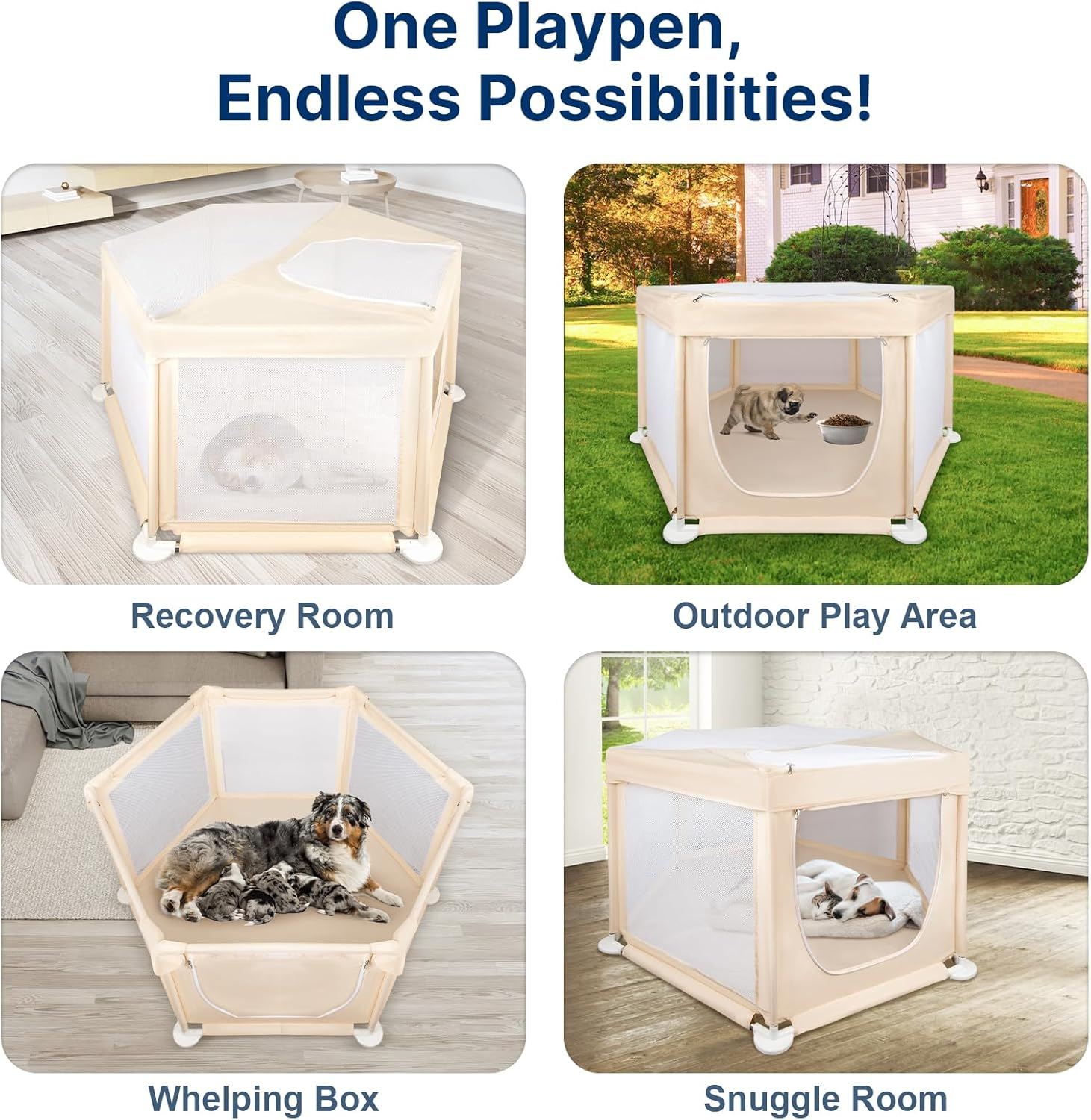 58"X58"X30" Large Dog Playpen Indoor, Extra Tall Puppy Playpen with Removable Roof, Sturdy Fabric Mesh Dog Pen for Medium to Large Pets, Spacious Hexagonal Pet Playpen Indoor for Comfort & Security