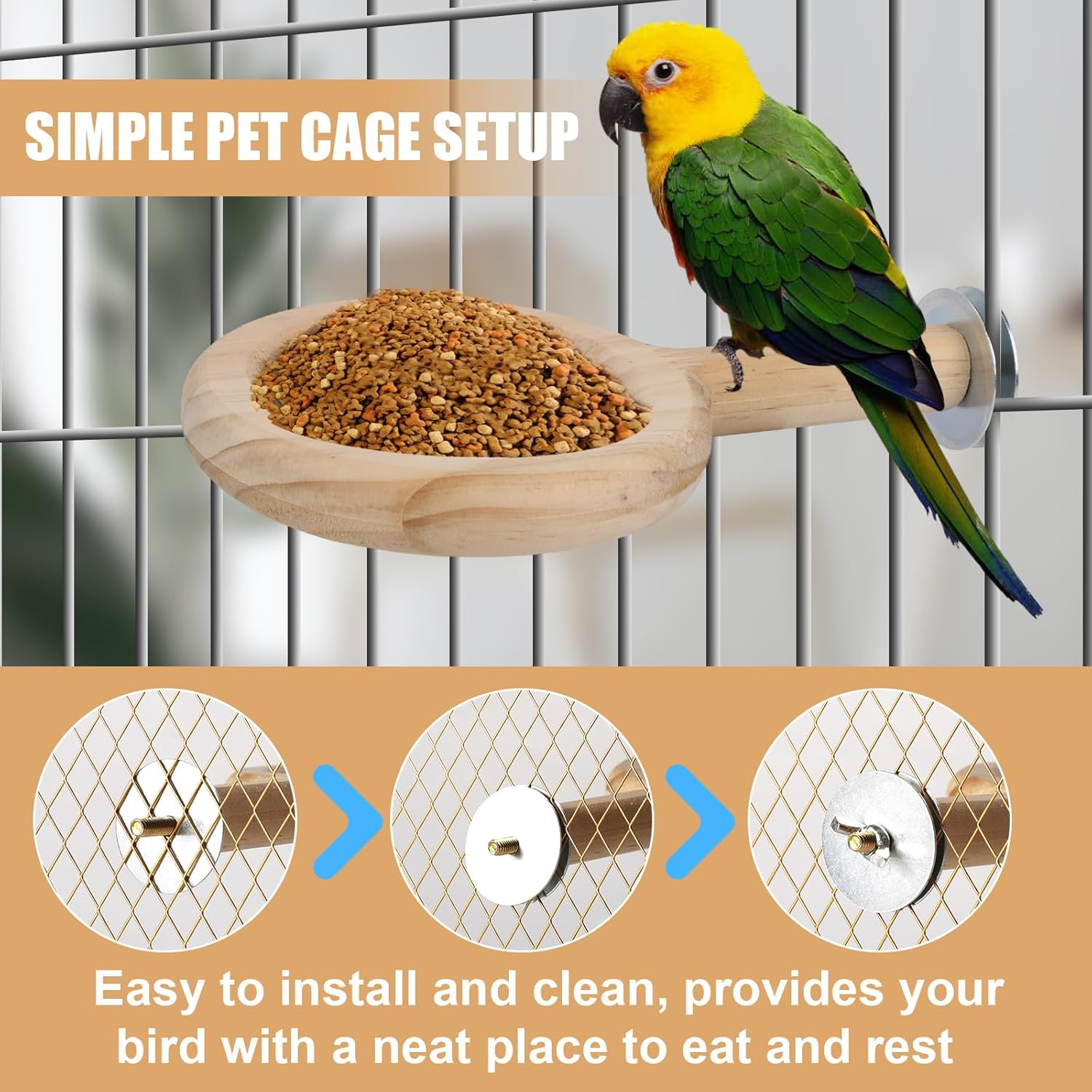 NQEUEPN Wood Parrot Perch with Feeding Cup for Parakeets, Cockatiels, Conures, Lovebirds, Budgies - Stainless Steel Bowl - Solid Wooden Perch Stand