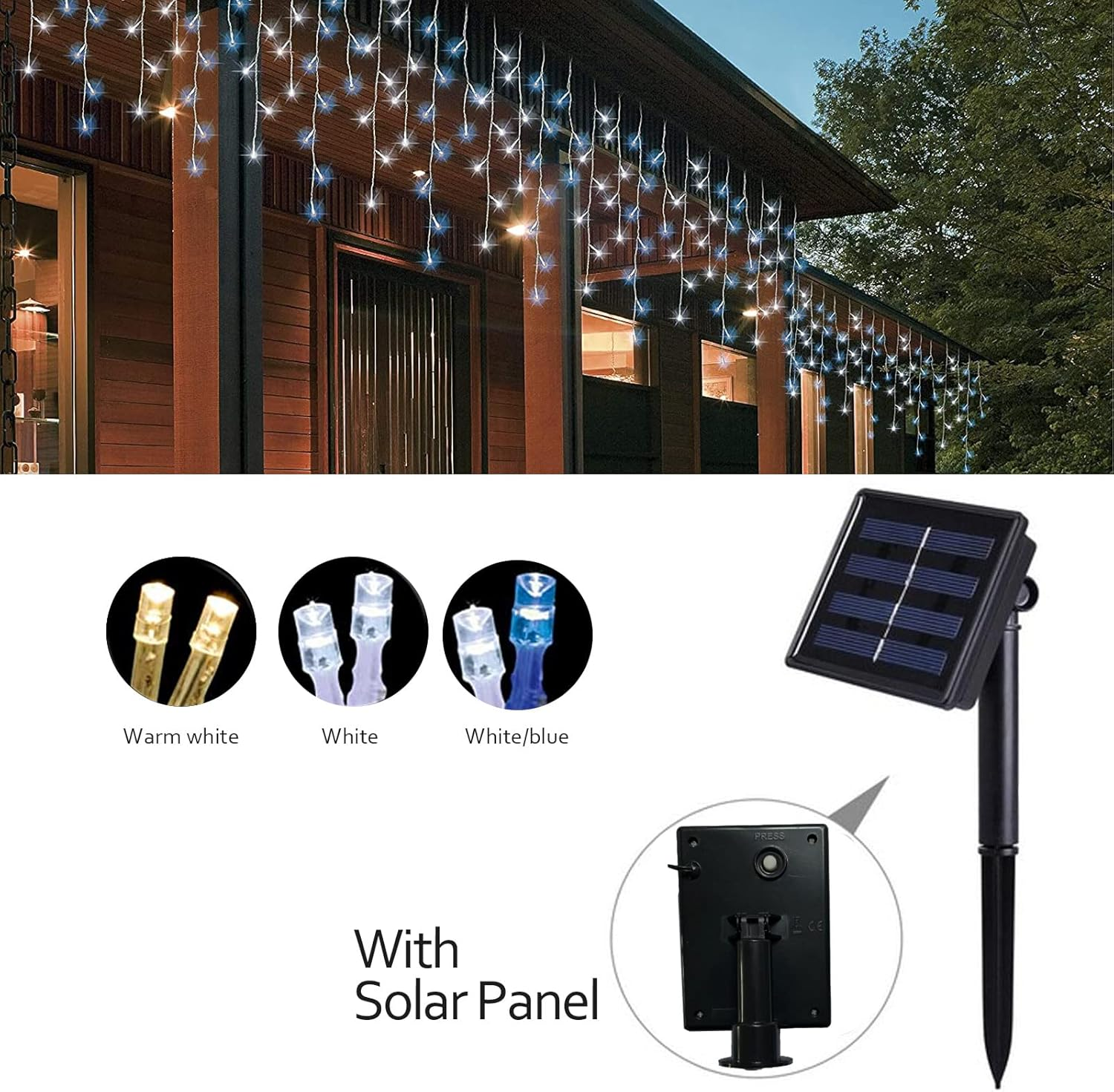 360 LED(10.8M)/480 LED(14.5M) Solar Icicle Christmas Lights with 8 Functions (Warm White, 14.5)