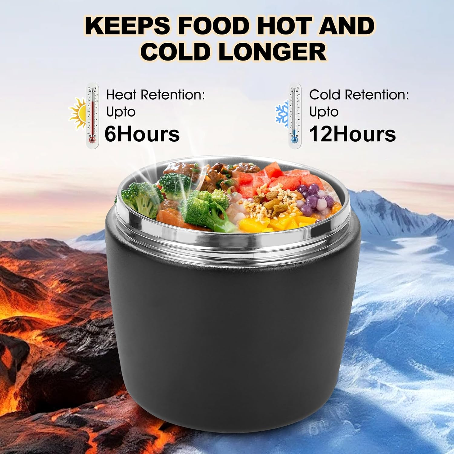 Insulated Food Jar 304 Stainless Steel 1.2L Portable Thermal Lunch Box Insulated Food Container with Spoon for School Travel Black