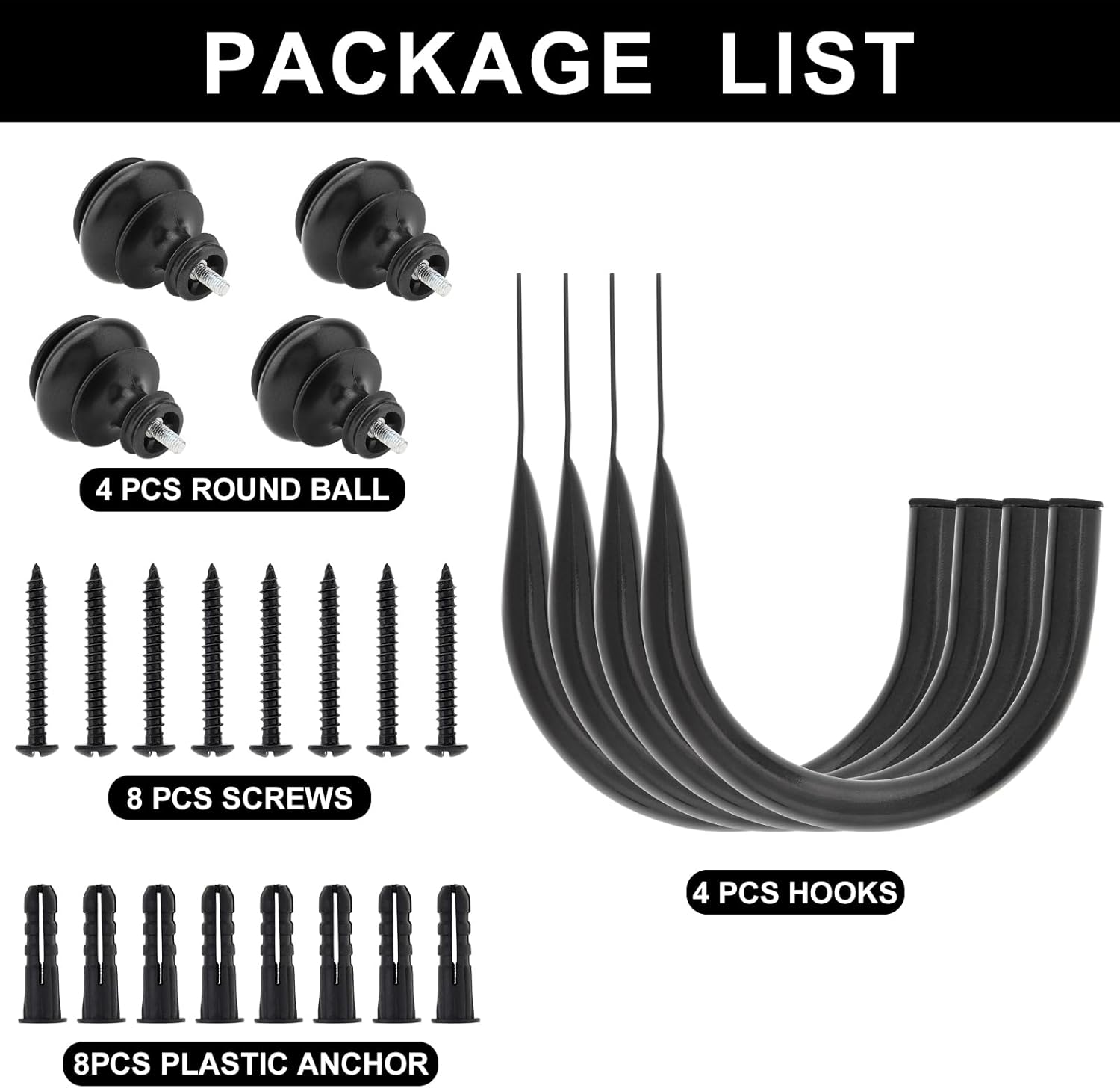 Curtain Holdbacks, 4 Pack Wall Mounted Window Drapery Tiebacks with Screws, U-Shaped Decorative Curtain Hook Holder for Bedroom, Livingroom, Office (4, Black) image number 6