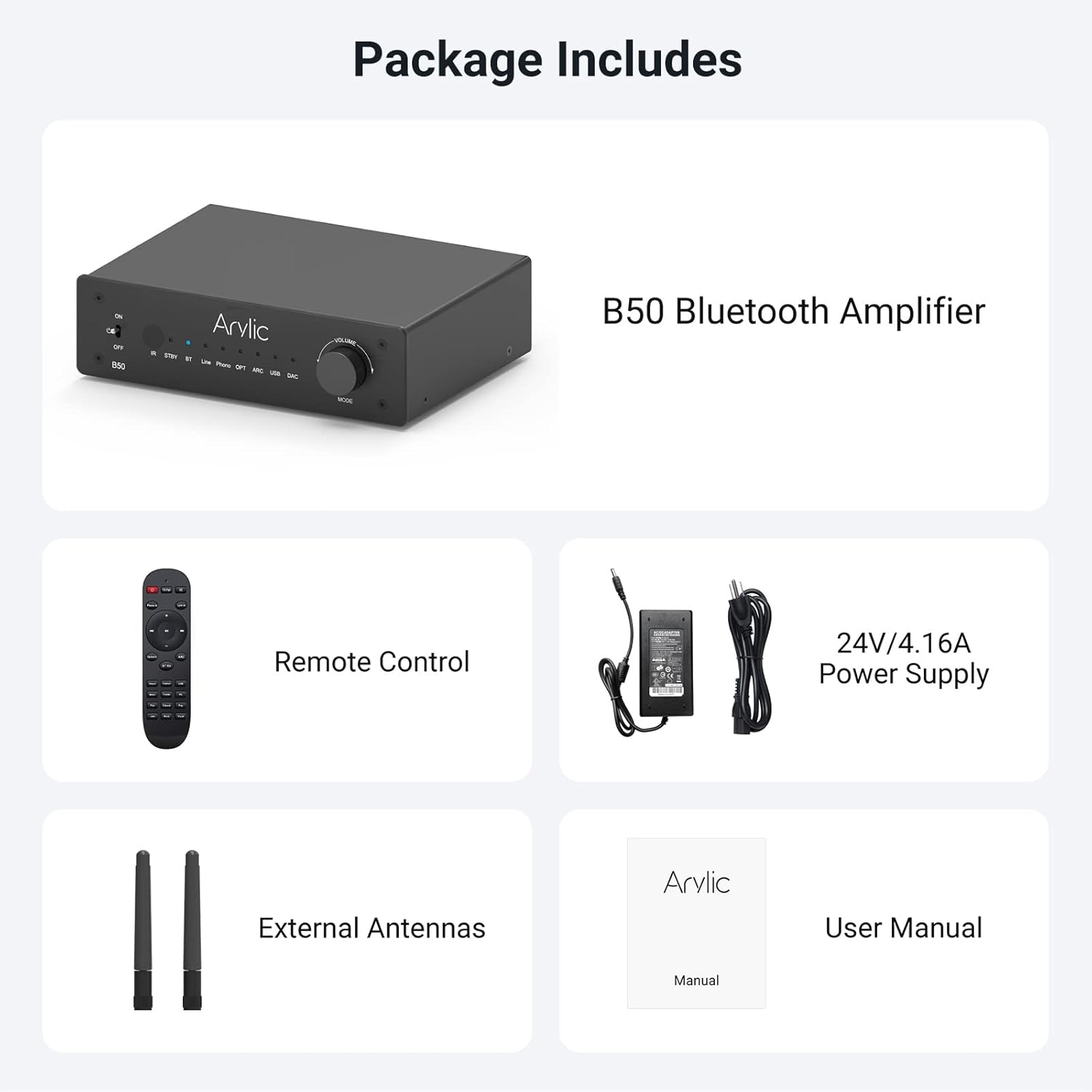 Arylic B50 2 Channel Bluetooth Amplifier with Audio Transmitter, 50W*2 Home Stereo Amplifiers with HDMI Arc,Dac,Phono in and Free APP. Support Aptx HD Music Transmission & Reception. image number 4