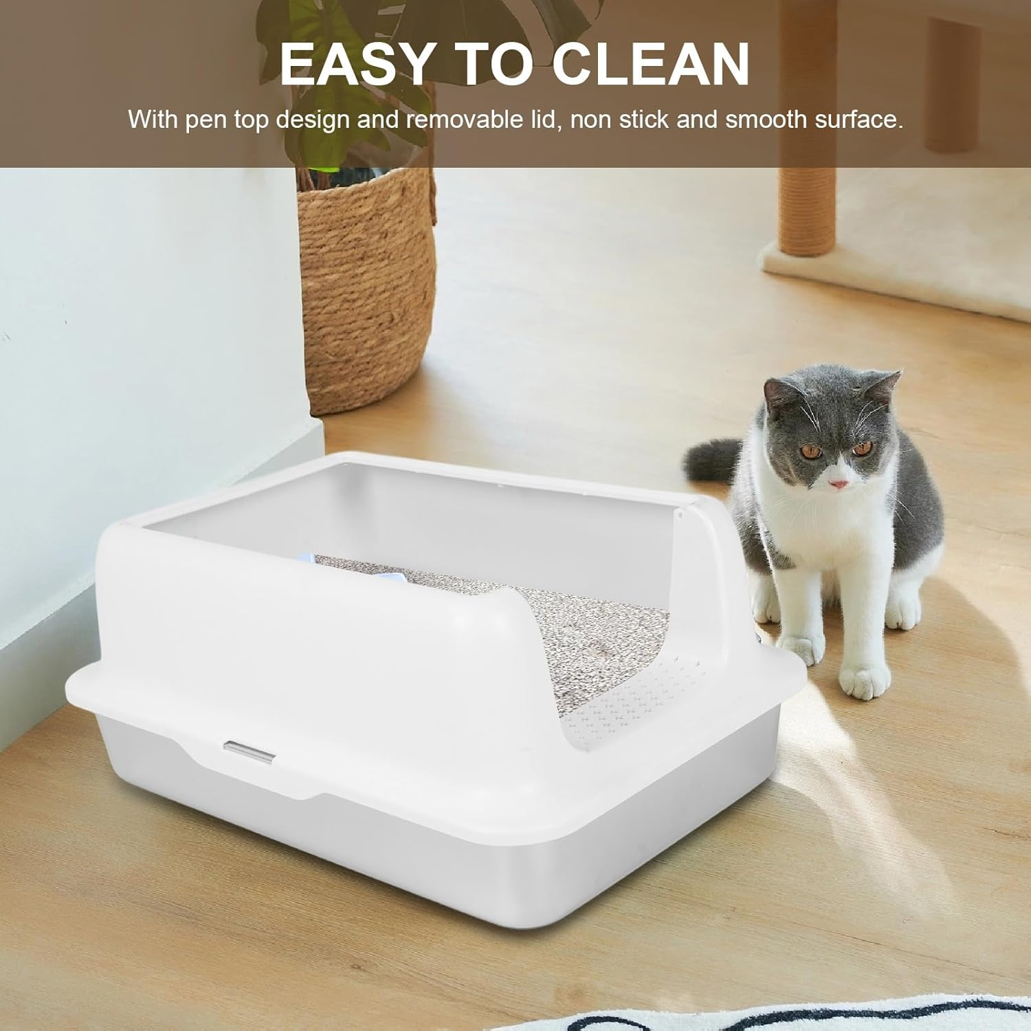 Stainless Steel Litter Box, Open Top Cat Litter Tray, High Sided Cat Litter Pan, Large Metal Cat Litter Box, Easy to Clean (White) image number 5