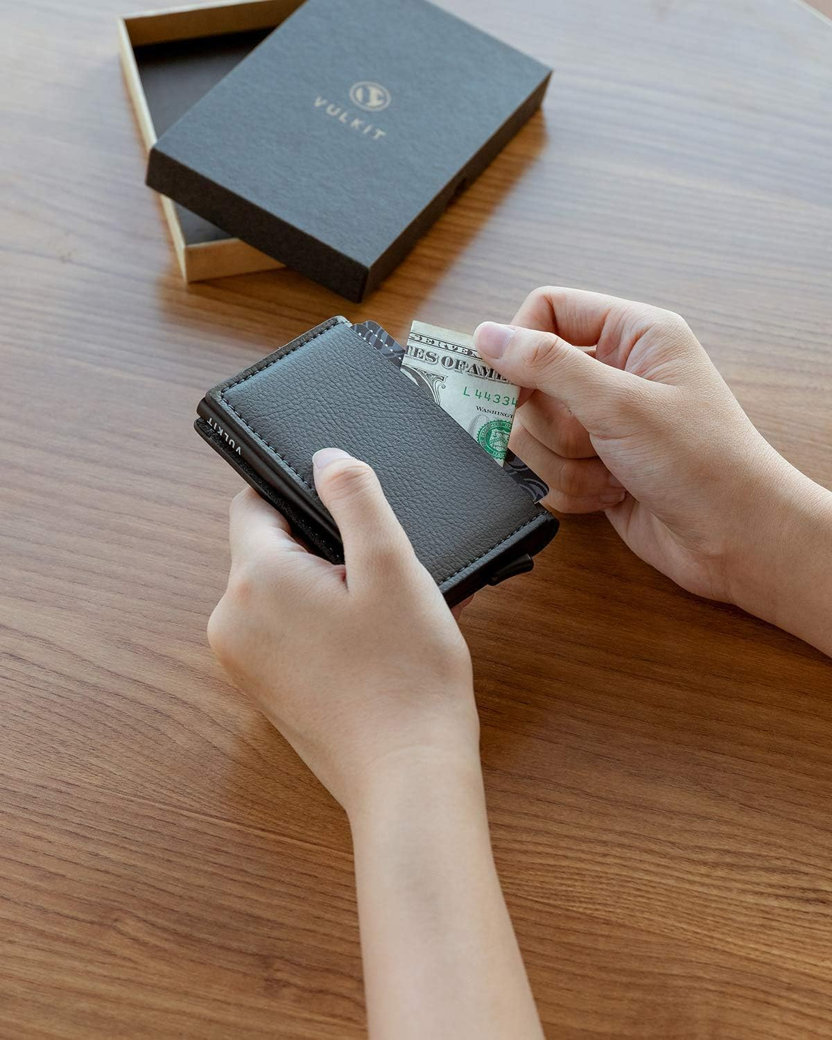 VULKIT Credit Card Holder RFID Blocking Leather Automatic Pop up Wallet Aluminum Slim Pocket Bifold Business Card Case - Brown image number 4