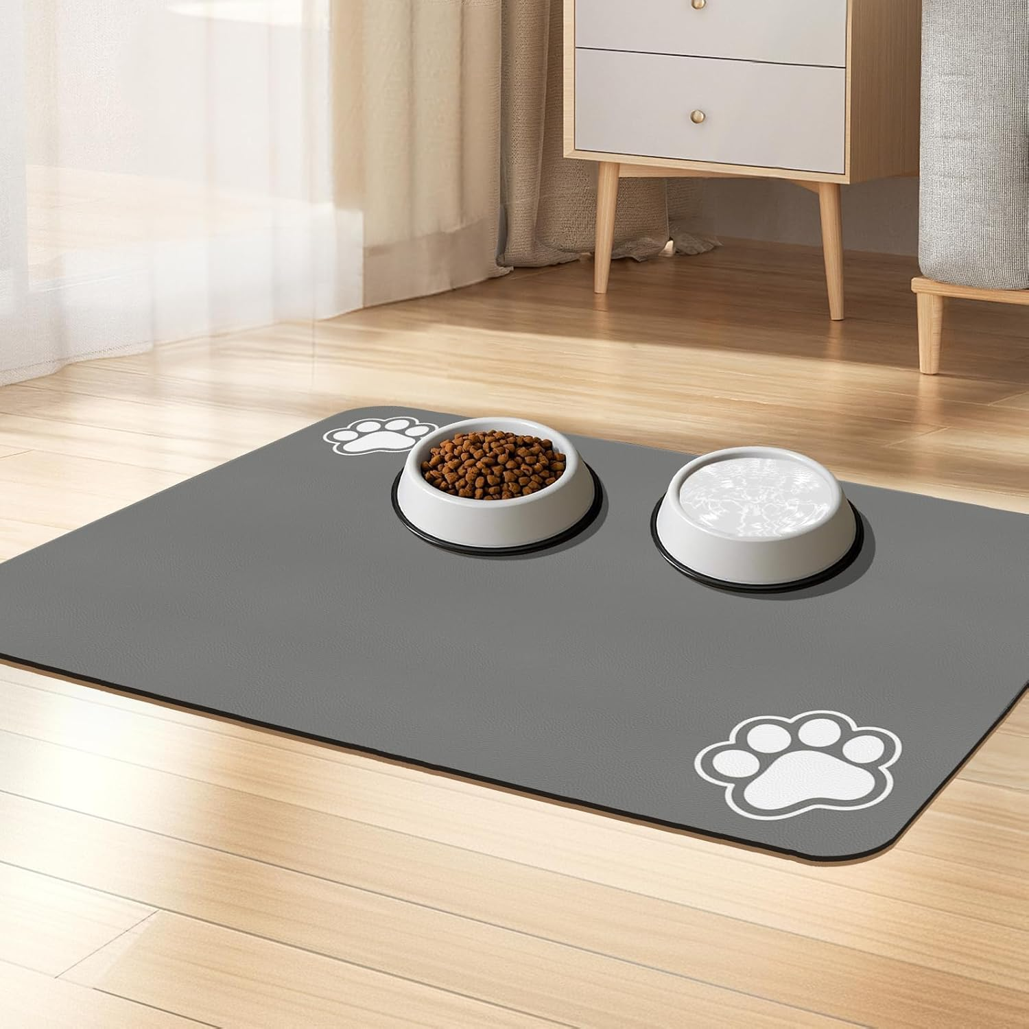 Dog Food Mat 2 Packs Absorbent Dog Cat Feeding Mat Placemat for Food and Water Bowl, Cat Food Mat Waterproof Rubber Backing, No Stains Quick Dry Water Dispenser Mat (Dark Grey (2 Packs), 40 X 60Cm)