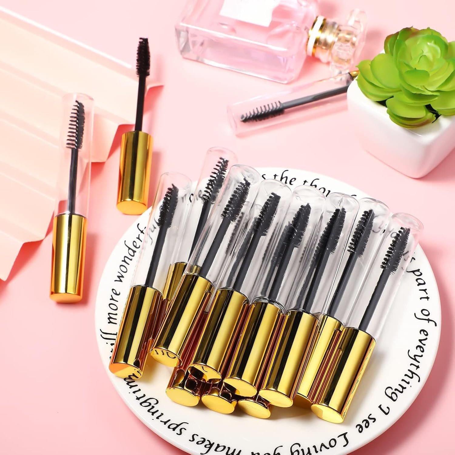 40 Pieces 10 Ml Empty Mascara Tubes Eyelash Wand Refillable Clear Bottles Eyelash Cream Container Bottle with 4 Pieces Transparent Funnels Transferring Castor Oil for DIY Cosmetics (Golden) - Black image number 2