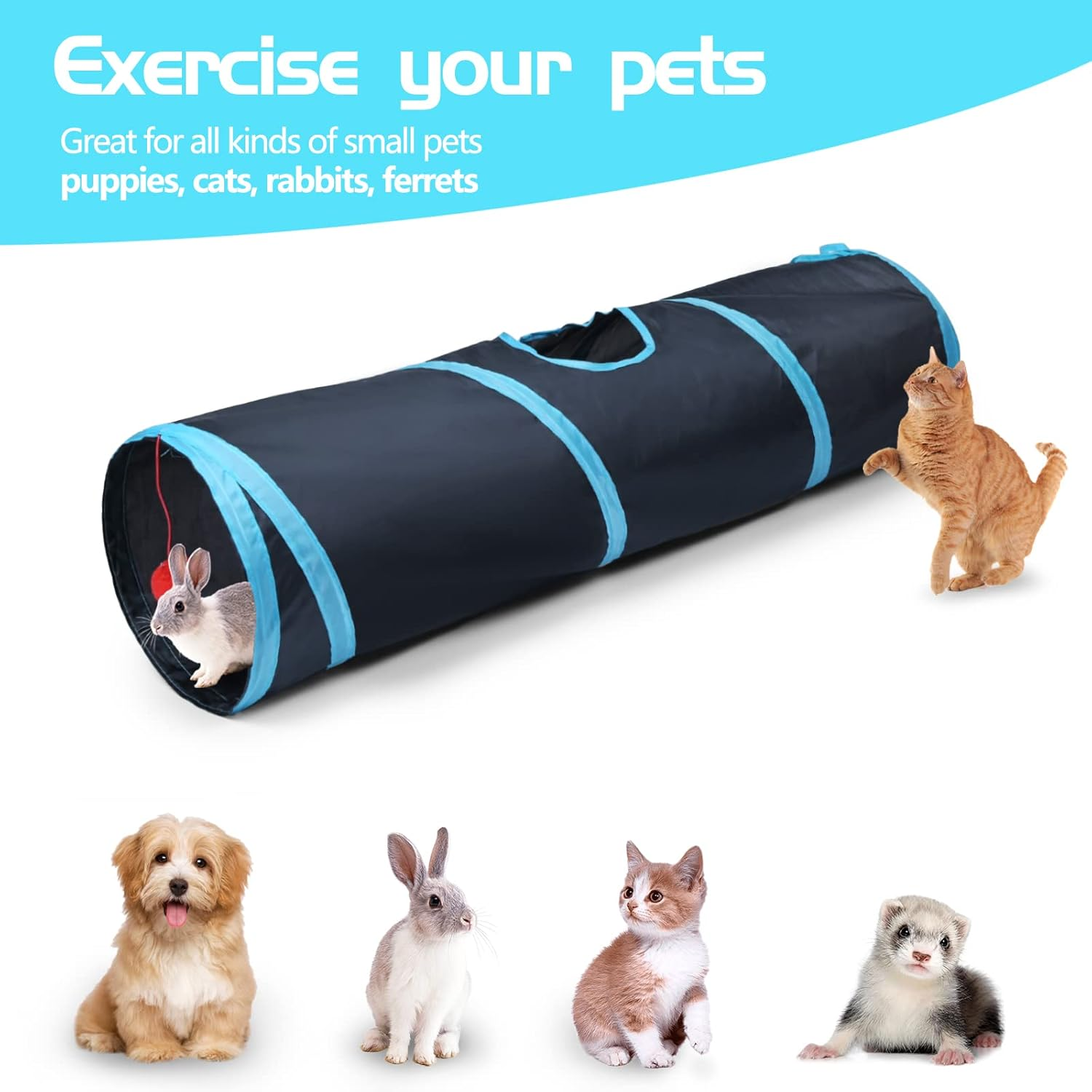 Sheldamy Cat Tunnel, 2-Way Collapsible Play Tunnel, Interactive Toy Maze for Small Animals, Suitable for Kittens, Puppies, Rabbits, Ferrets, Blue & Black - 2 Way Multicolor image number 3