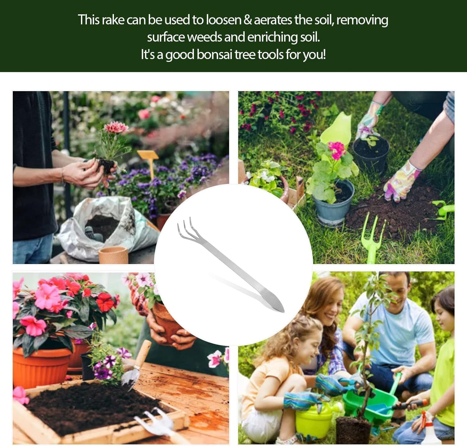 Bonsai Rake,Bonsai Tweezers,Garden Rake,Stainless Steel 3 Prong Root Pick Set,Ideal for Bonsai Care, Gardening, Removing Debris and Stones from Plants image number 4