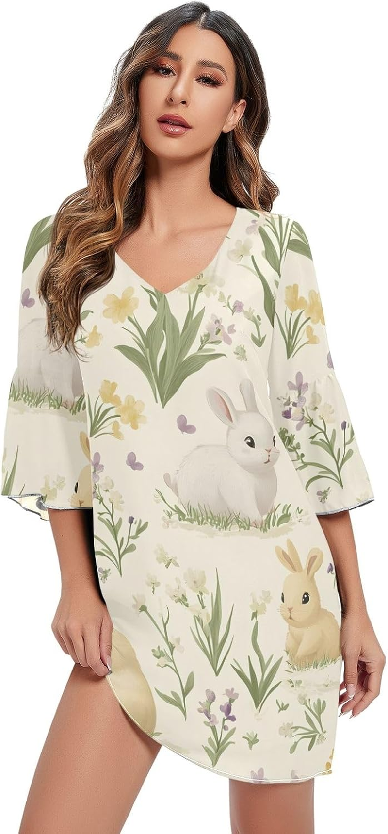 Easter Rabbits Cute Flowers Ladies Chiffon Dress 3/4 Sleeve Maternity Dress Party S-XXL image number 4