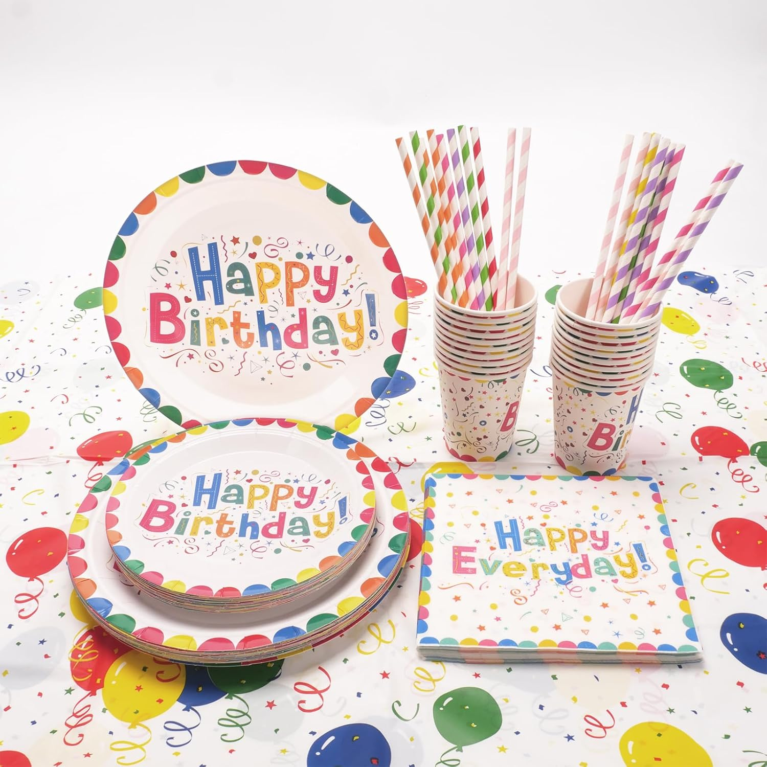 121 PCS Rainbow Happy Birthday Party Tableware Set with Paper Plates Cups Straws Napkins Tablecloth Rainbow Birthday Party Supplies Decorations for 20 Guests image number 3