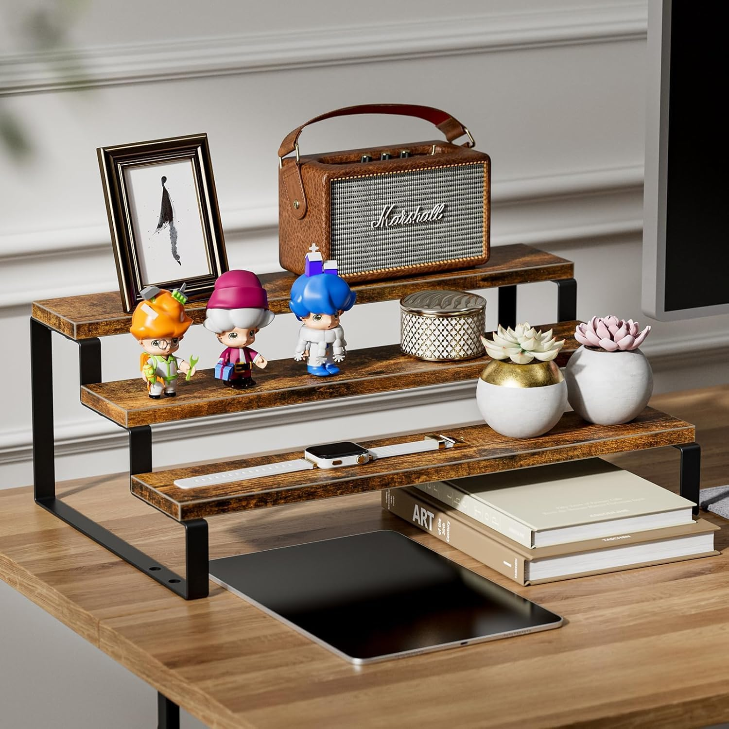 3-Tier Spice Rack Organiser, Kitchen Cabinet Shelf with Wood and Metal Design, 30 Cm Wide, Set of 2, Rustic Brown image number 2