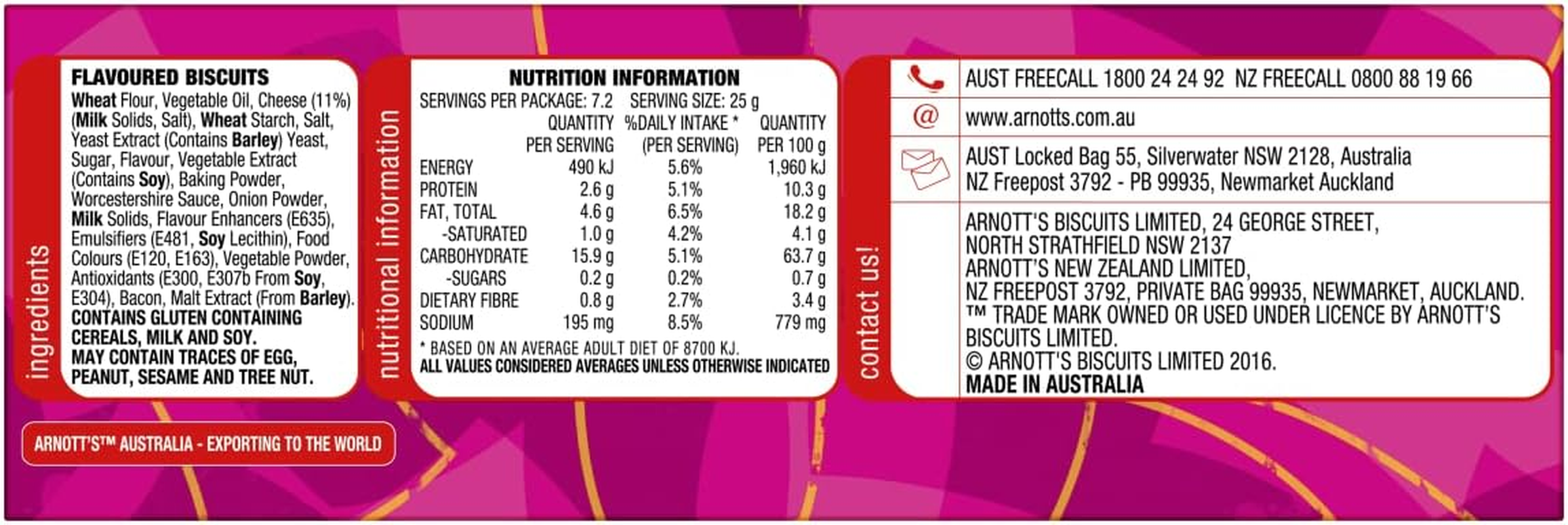 Arnotts Shapes Cheese & Bacon Biscuits 180G image number 2