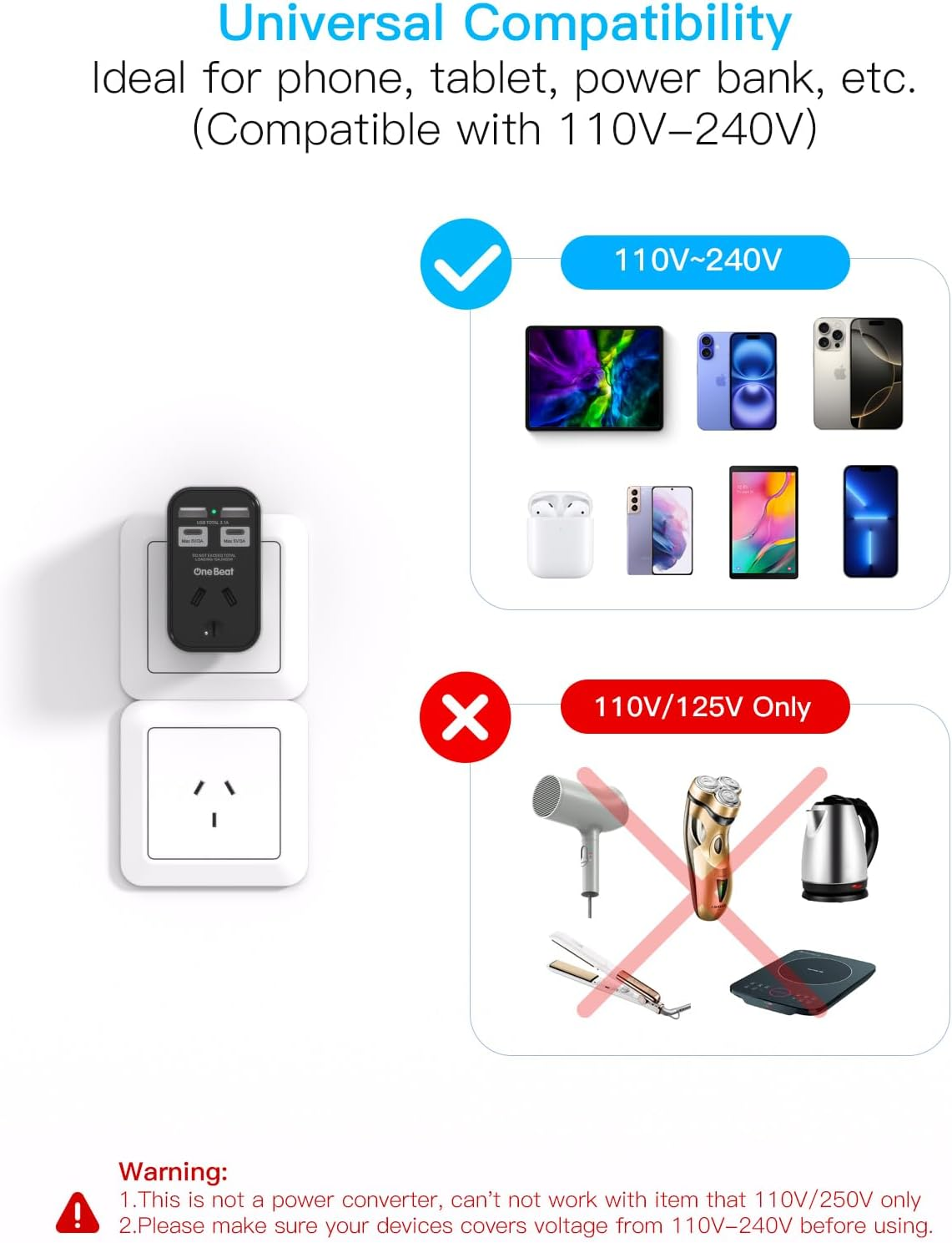 One Beat Power Board,Power Strip with 4 USB Ports(2 Usb-C),No Cord Extension Cord,Travel Power Plug,Travel Adapter Wall Plug,Cruise Essentials for Home,Office,Bedroom(Type I)-Black image number 3