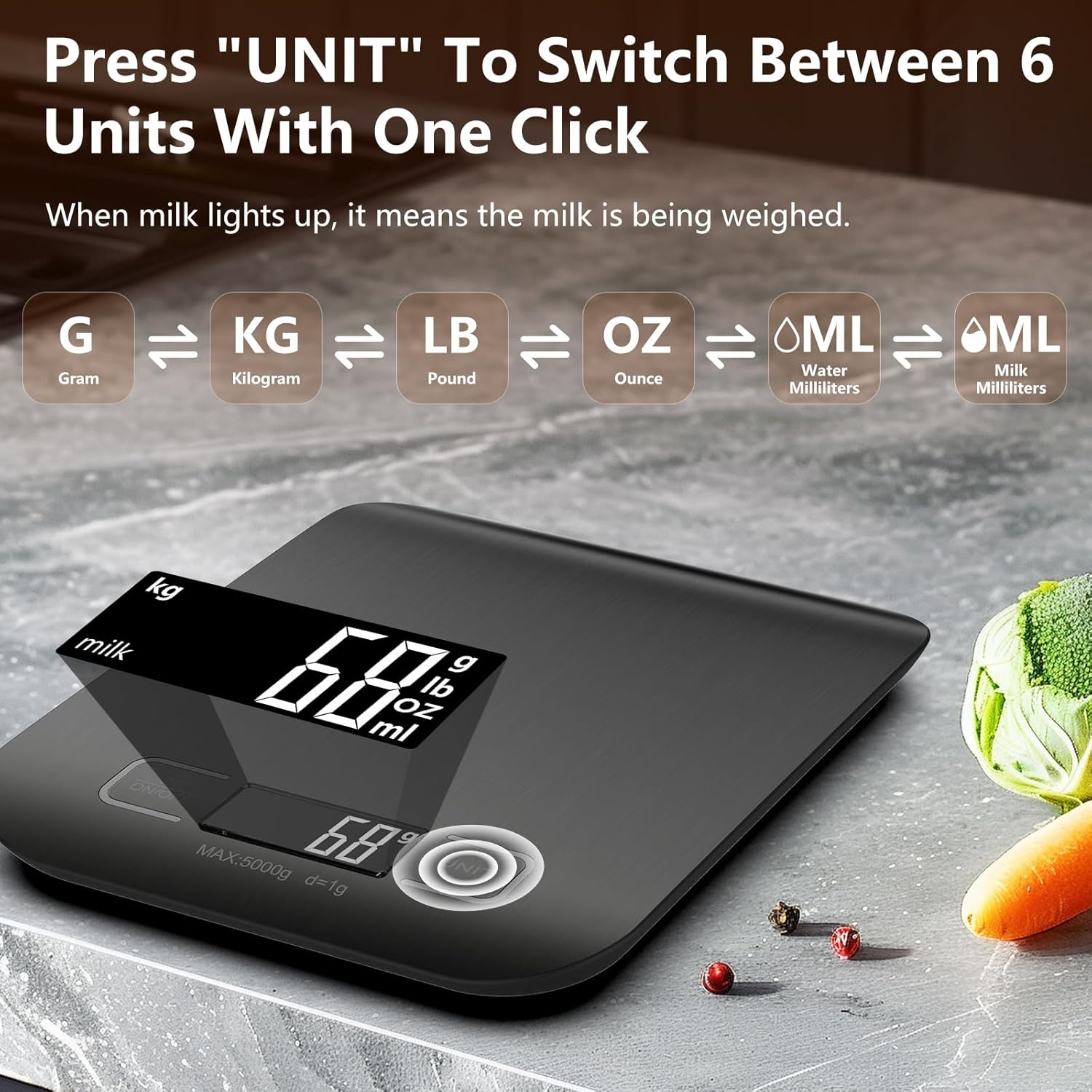 Geeric Food Scale, Digital Kitchen Scale 22Lb/10Kg Capacity, 6 Units with Tare Function Food Scale for Cooking, Baking,Meal Prep - White image number 7