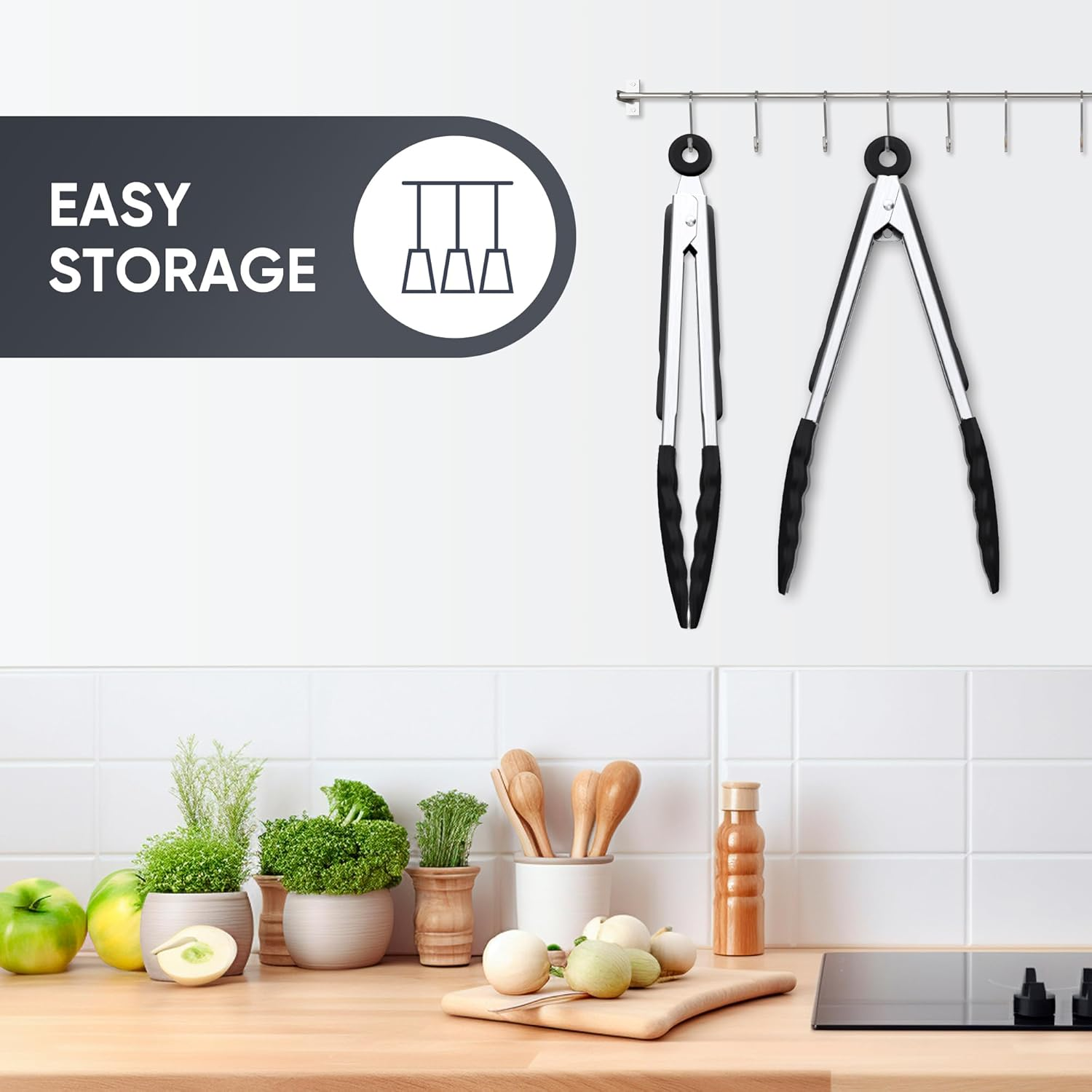 9 Inch Kitchen Tongs, Cooking Tongs with Silicone Tips and Stainless Steel Handle, Non Stick Heat Resistant Tongs for Cooking, Buffet, Salad Serving (9", Black) image number 1