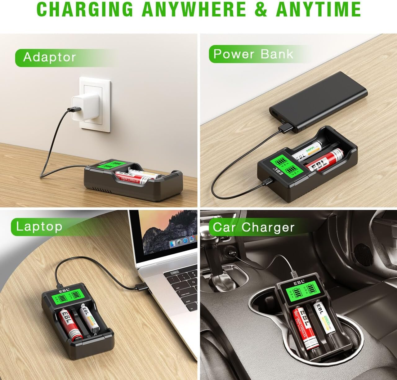 EBL Universal 18650 Battery Charger for 3.7V Lithium Ion Rechargeable Batteries 26650 22650 18650 18490 18350 17670 16340 (RCR123) 14500 and 1.2V Ni-Mh Ni-Cd Rechargeable C AA AAA Batteries