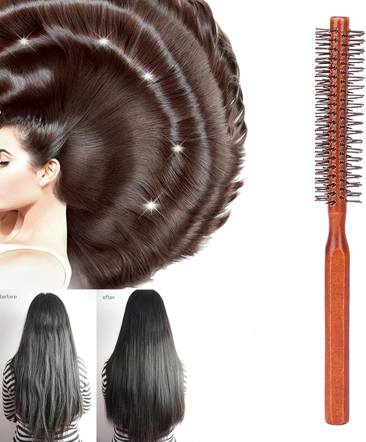 QANYEGN Wood Handle Curling Brush, Freestyle Small round Roller for Barbershop and Home Use, Unisex Beauty Hair Styling image number 3