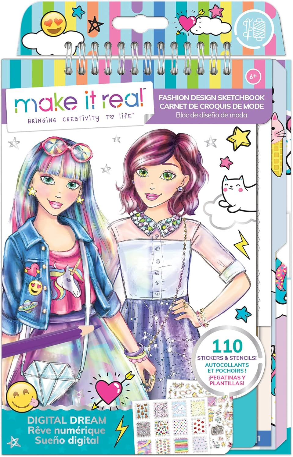 Make It Real - Fashion Design Sketchbook: Digital Dream. Inspirational Fashion Design Colouring Book for Girls. Includes Sketchbook, Stencils, Puffy Stickers, Foil Stickers, and Fashion Design Guide