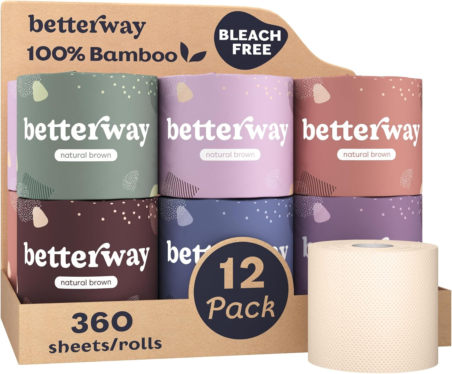 Betterway Bamboo Toilet Paper 3 PLY - Eco Friendly, Sustainable Toilet Tissue - 12 Double Rolls & 360 Sheets per Roll - Septic Safe - Organic, Plastic Free, Compostable & Biodegradable - FSC Certified