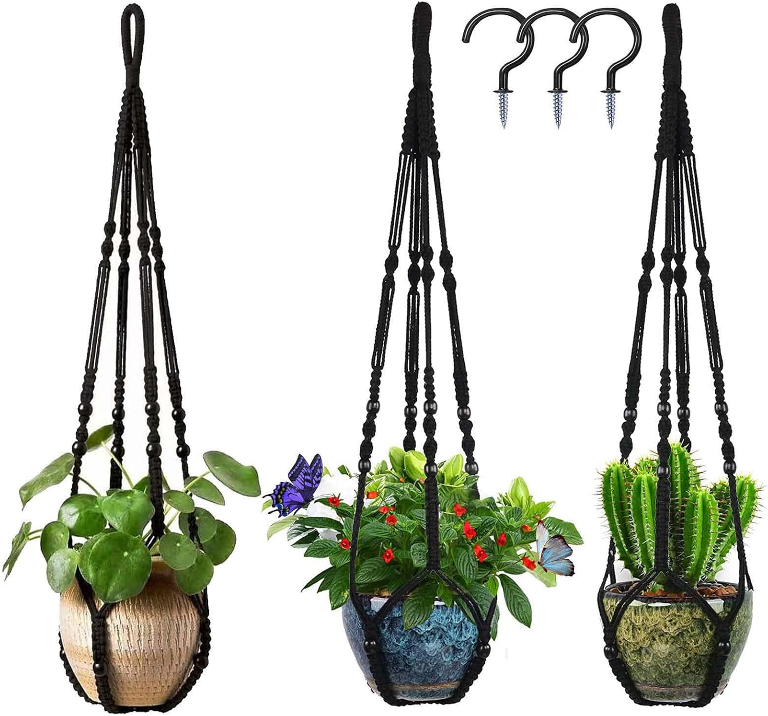 Macrame Plant Hanger Indoor & Outdoor Wall Hanging Planter + 2 Hooks Hanging Planters Basket Cotton Rope 4 Legs 35 Inch Used for Herbs Ferns Ivy Crawling Plants Hanging Planters(Lvory)
