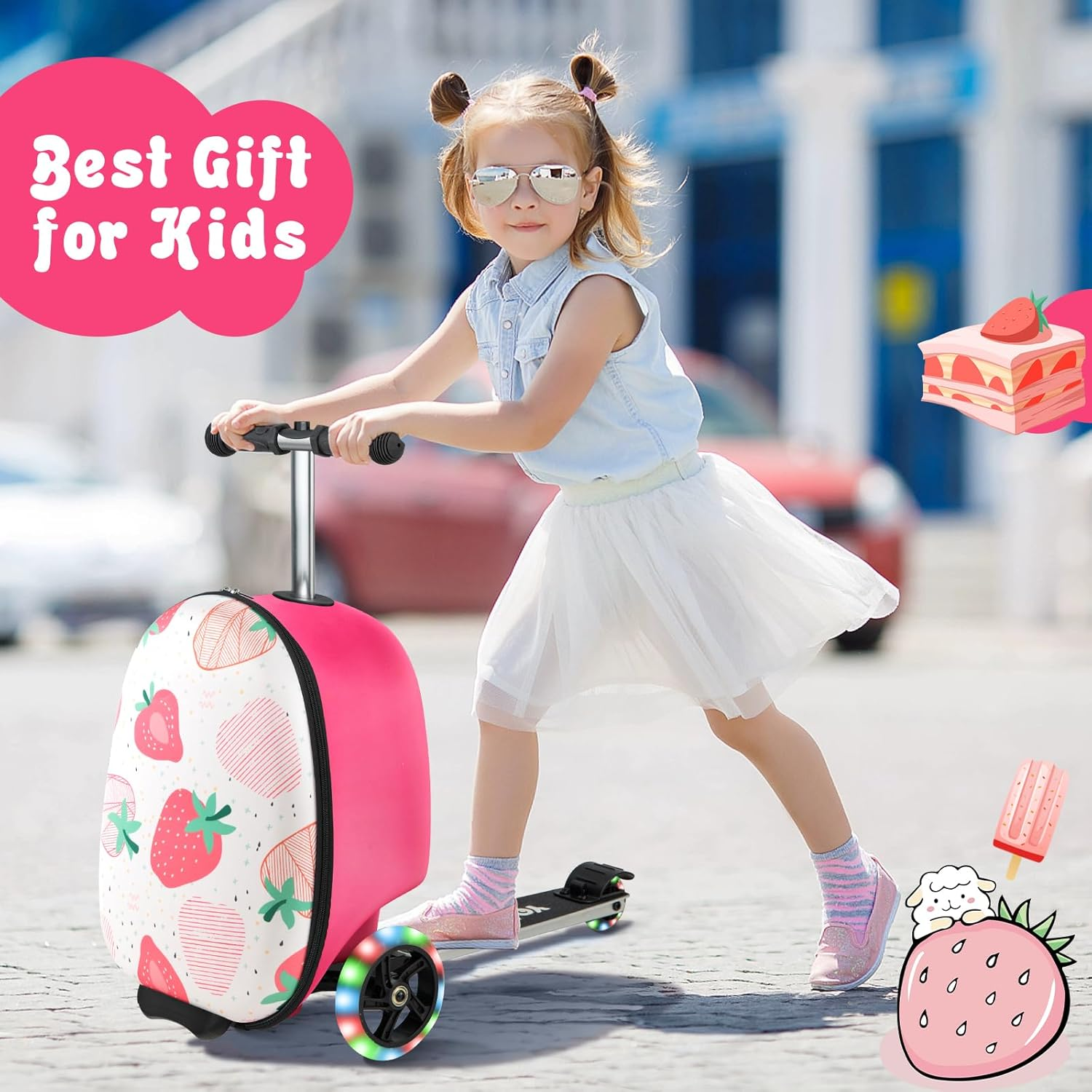 Costway 2-In-1 Ride on Scooter Suitcase, 19" Kids Travel Luggage with Waterproof EVA Shell & LED Flashing Wheels, Folding Scooter with Retractable Steering Handle for Boys & Girls image number 5