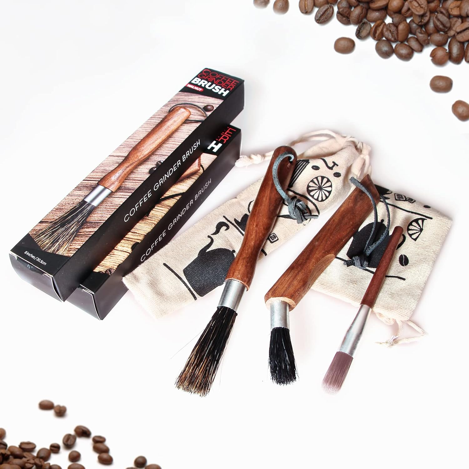 3-Pack Professional Coffee Grinder Cleaning Brush Set, Natural Boar Bristles, Black Walnut Handle Espresso Machine Cleaning Brush, Coffee Cleaner Brushes for Barista & Home Kitchen