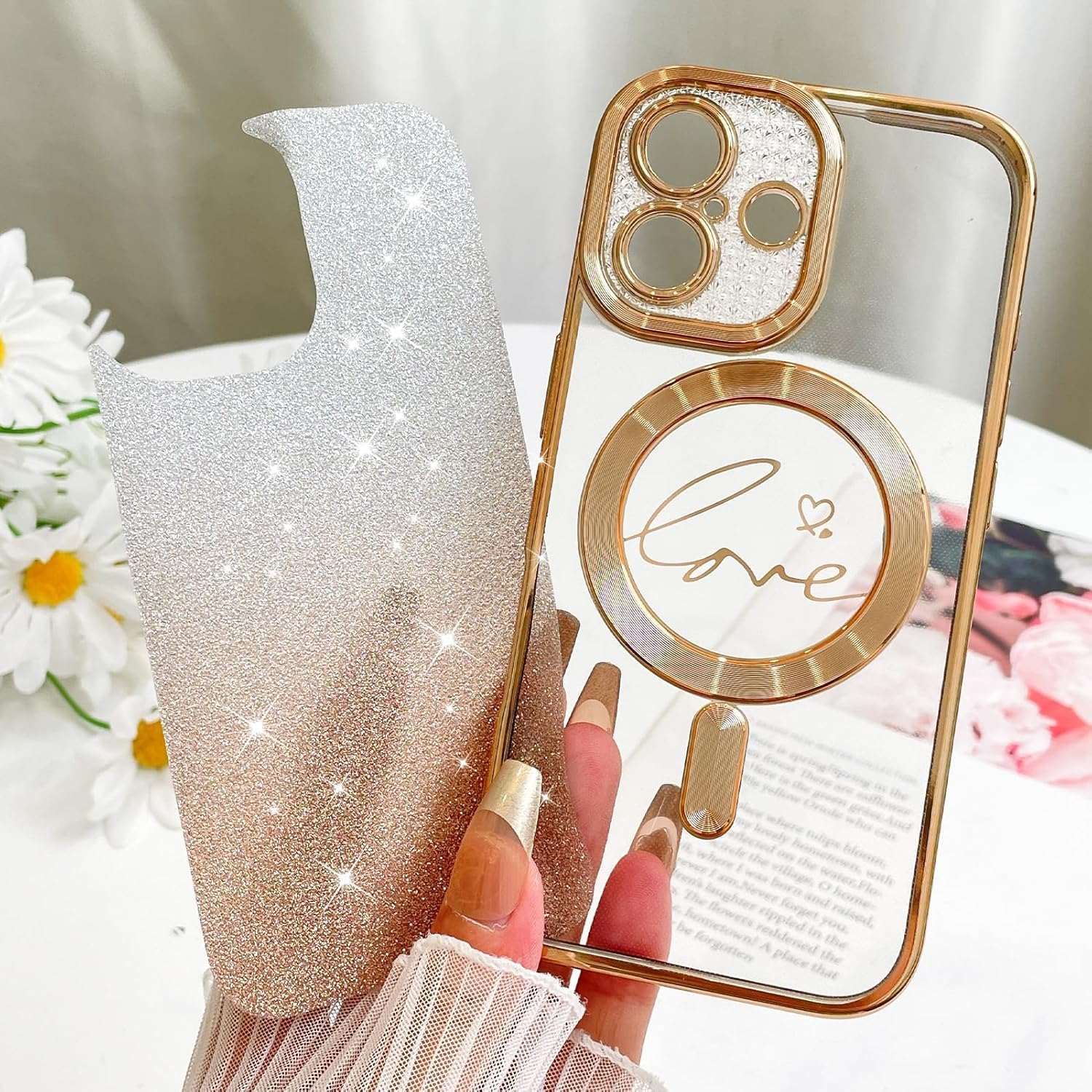 ELEPIK for Iphone 17 Case with Camera Protector, [Full Camera Cover Protection] [Compatible with Magsafe] [Love Heart Plating] [Glitter Bling Plating] Clear Magnetic Slim Phone Case, Gold image number 5
