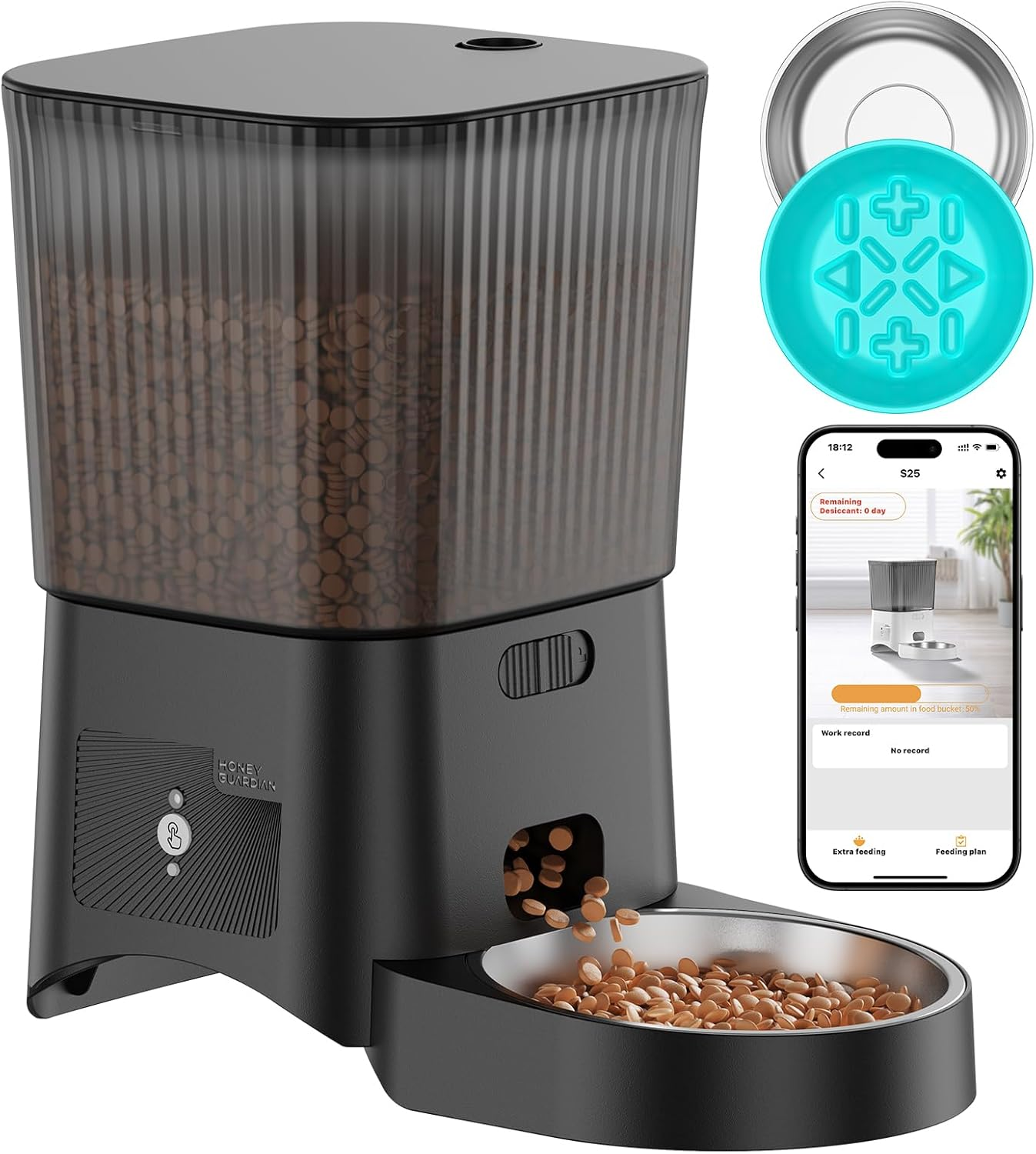 HONEYGUARDIAN 3.5L Automatic Cat Feeder with Stainless Steel Bowl & Slow Feeding Bowl