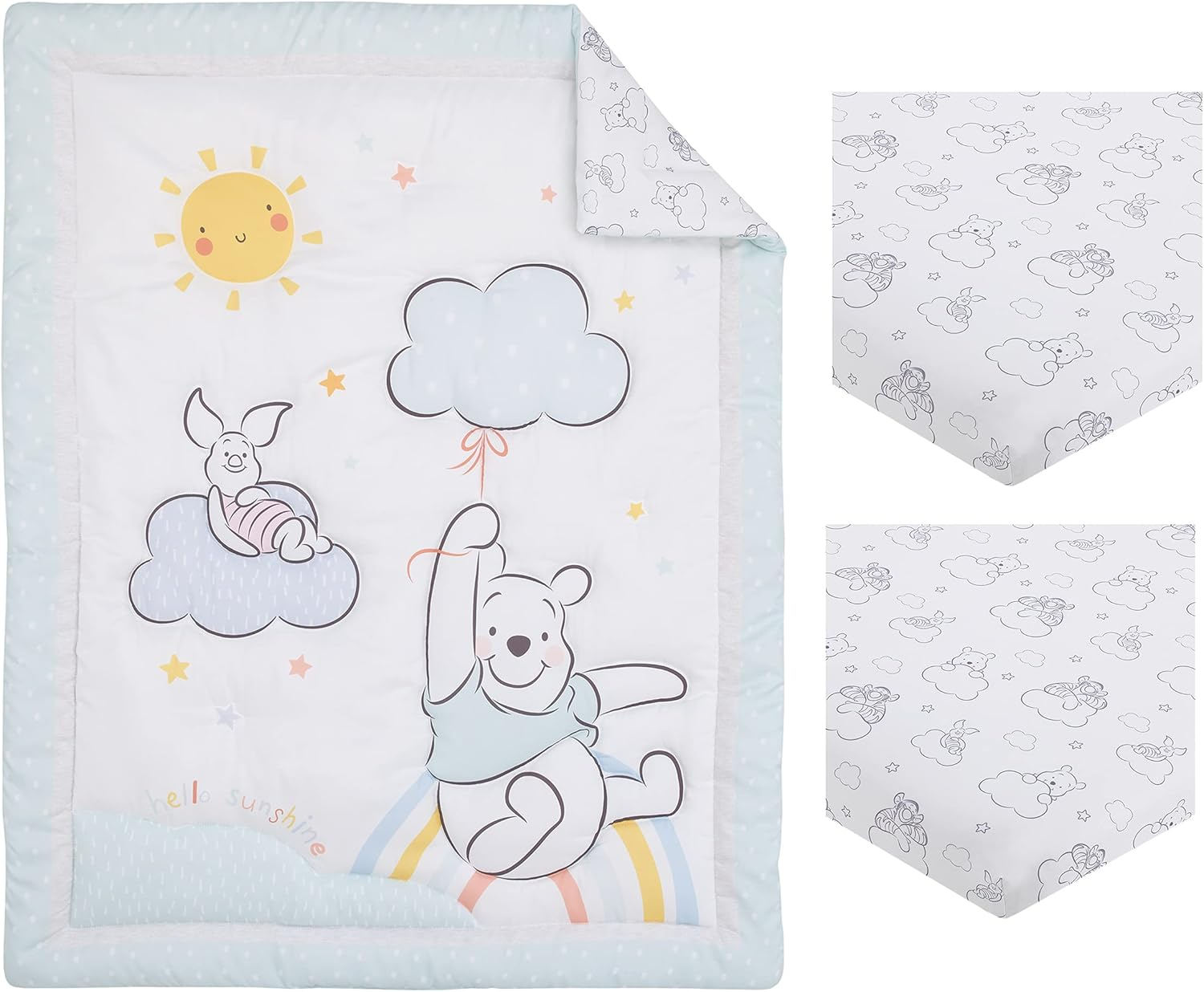 Disney Winnie the Pooh Hello Sunshine White and Aqua Piglet, Rainbow, Clouds, and Sun 3 Piece Nursery Mini Crib Bedding Set - Comforter and Two Fitted Mini Crib Sheets