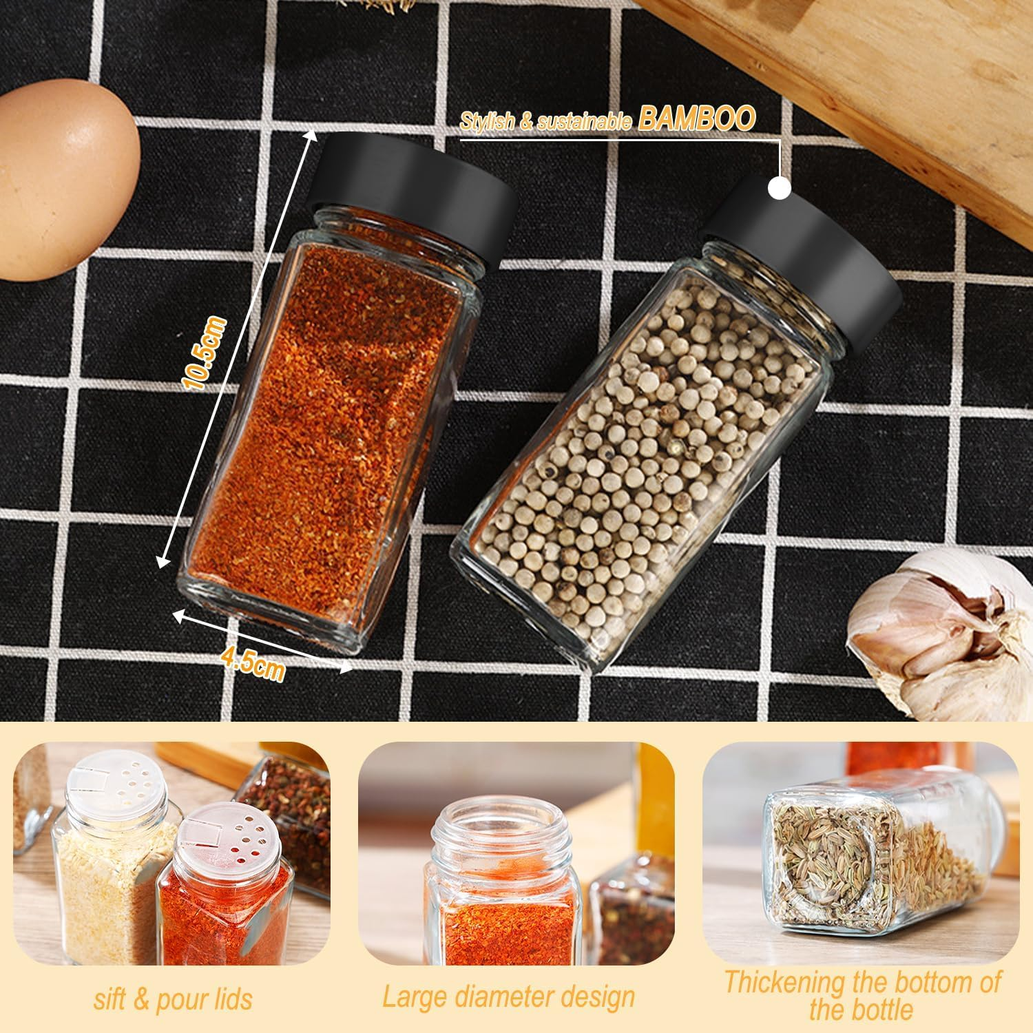 24 Pcs Spice Jars with Labels, Yakiter 120 Ml Glass Spice Jars with Black Seal Lid and Funnel, Kitchen Sealed Storage Jar with Lid, Empty Spice Jar for Kitchen, Cabinets, Drawers (24 Bottles) image number 5