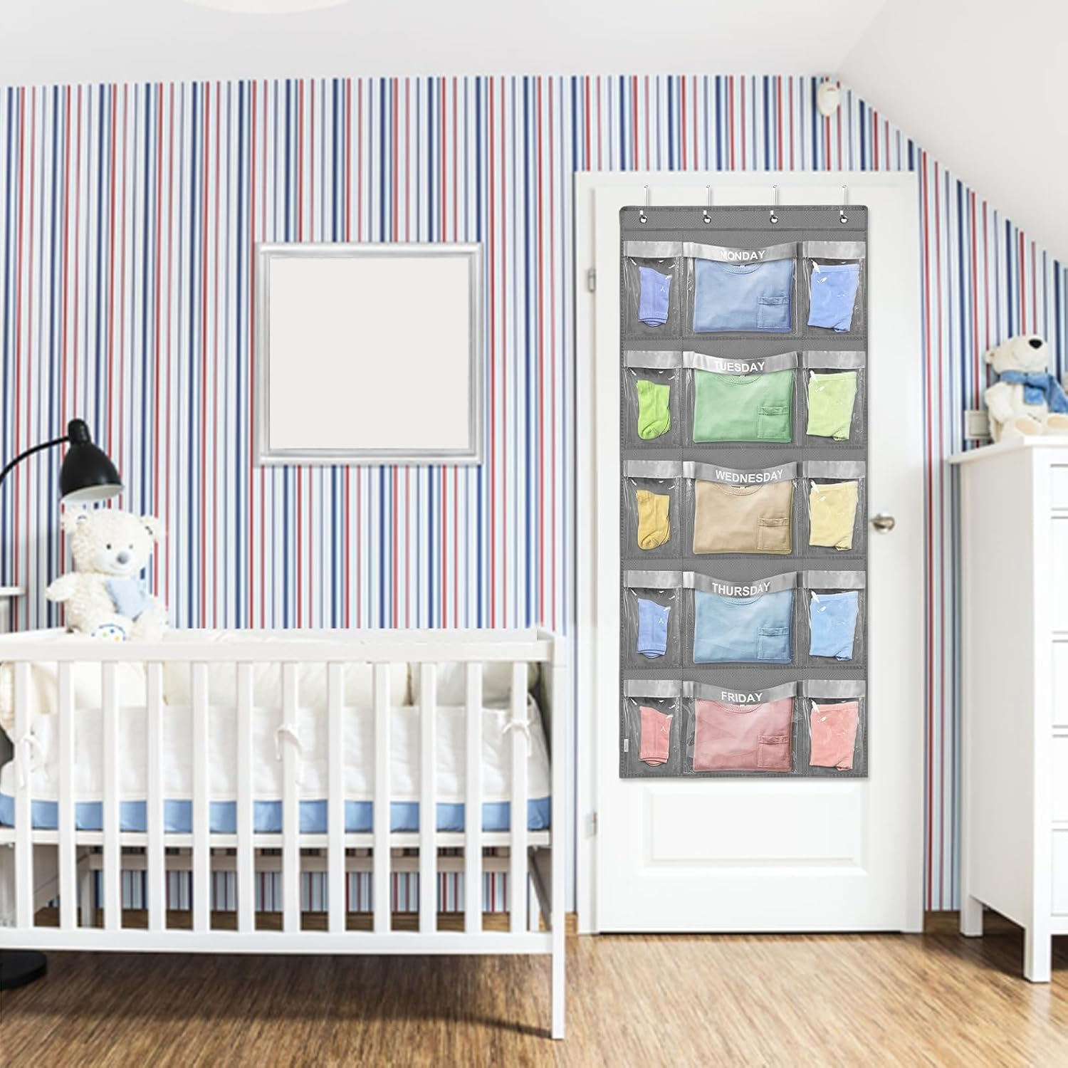 VERONLY Weekly Hanging Closet Organizer for Kids,Day of Week Kids Clothes Organizer,School Clothing Storage Monday to Friday Hanging Closet Organizer Shelves for Bedroom,Bathroom,Dorm (Grey) - Grey image number 5