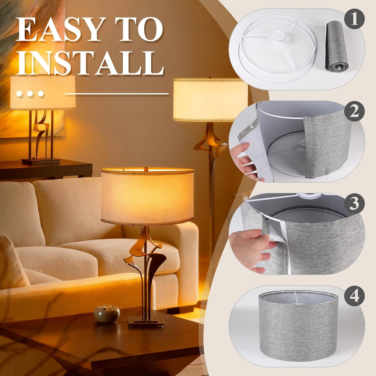 EFUTURETIME Fabric Lampshade Height 20 X Diameter 30 Cm round Cylindrical Natural Linen Suitable for E14/E27 Sockets for Floor Lamp, Ceiling Lamp, Wall Lamp, Bedside Lamp, Table Lamp, Grey image number 2