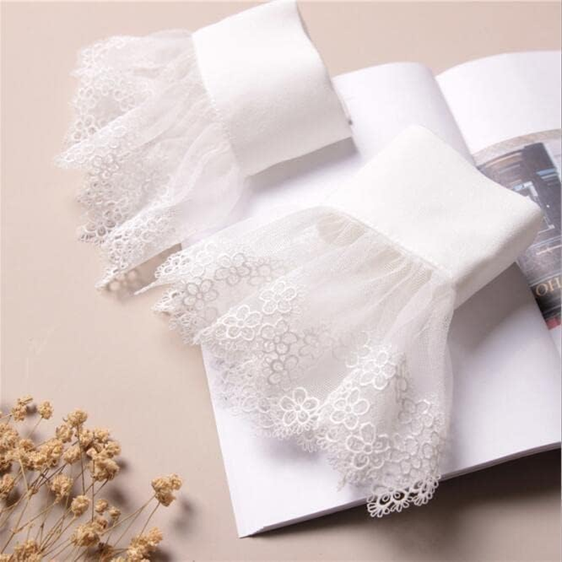 1 Pair Women'S Wrist Cuffs Flower Embroidery Lace Pleated Horn Cuffs Detachable Shirt False Sleeves - White image number 3