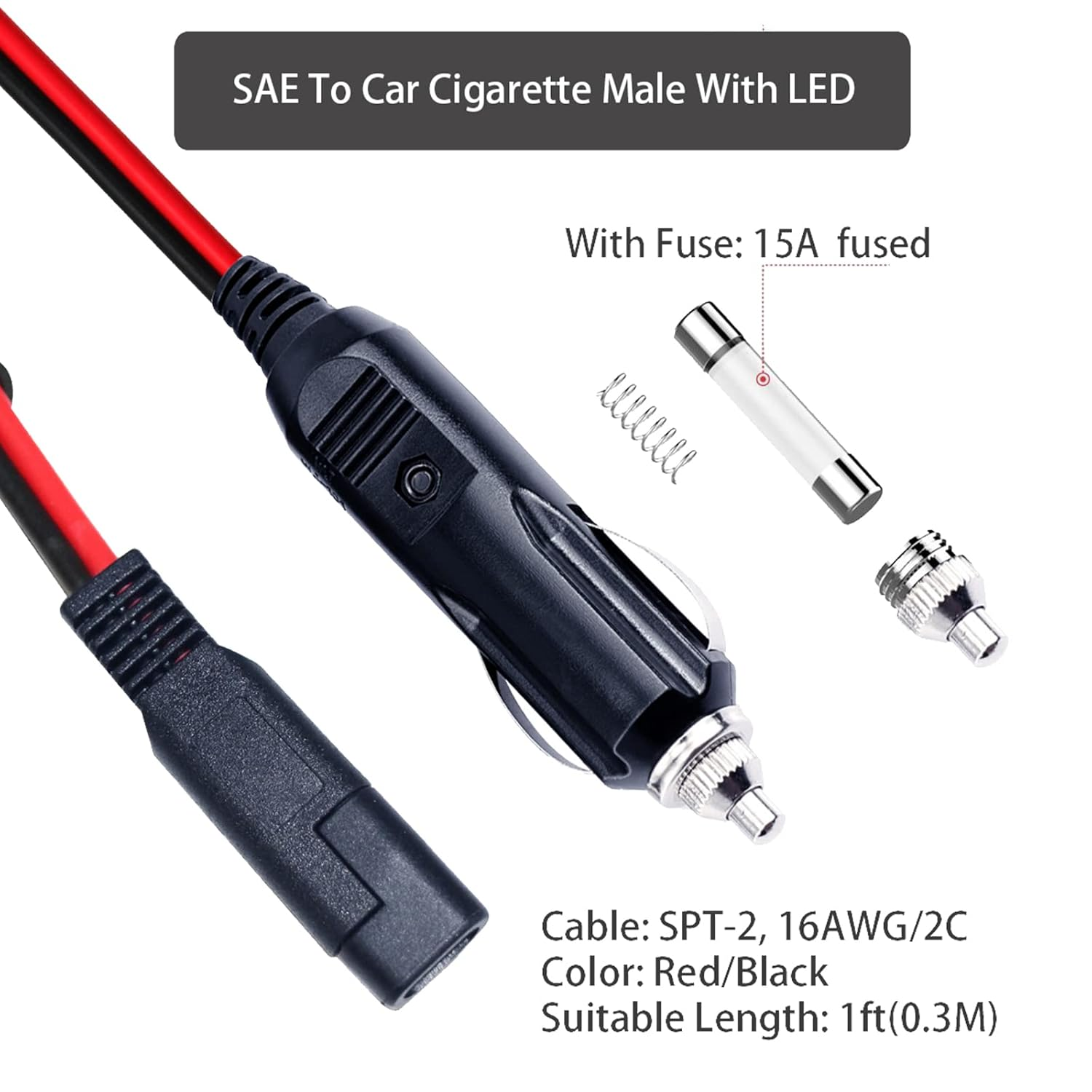 12V Car Cigarette Lighter to Quick Disconnector SAE 2 Pin Plug 12Volt 15A Cigar Lighter Plug Release Adapter with Led Indicator 5FT Extension Charging Cable 16AWG Wire image number 2