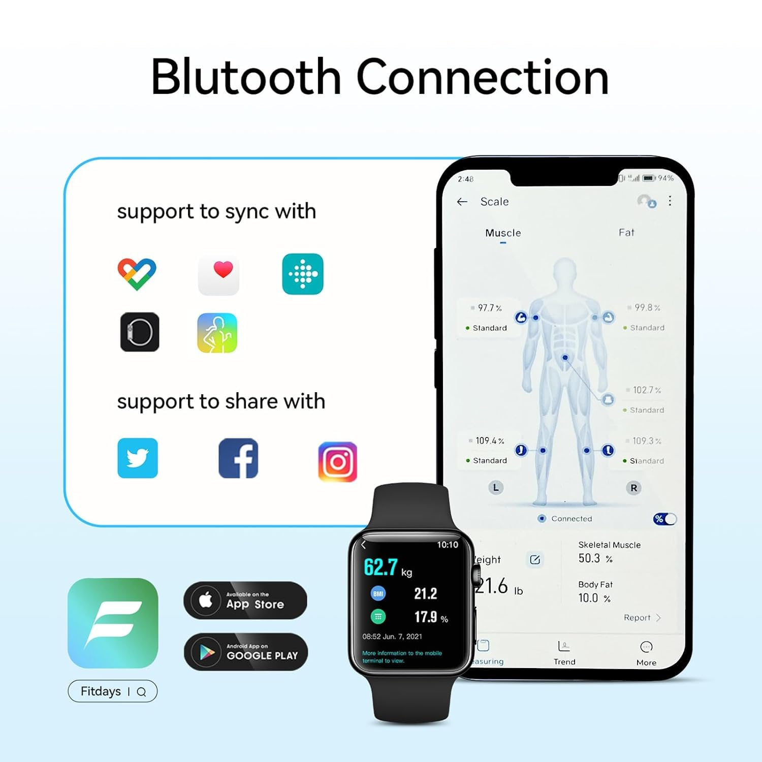 Fitdays Scale for Body Weight | 4-Electrode Technology for BMI/16 Body Metrics | Full-Color TFT Screen & High Precision | Bathroom Scale for Fitness/Weight Loss | FG2317WB-BLUE-AU image number 1